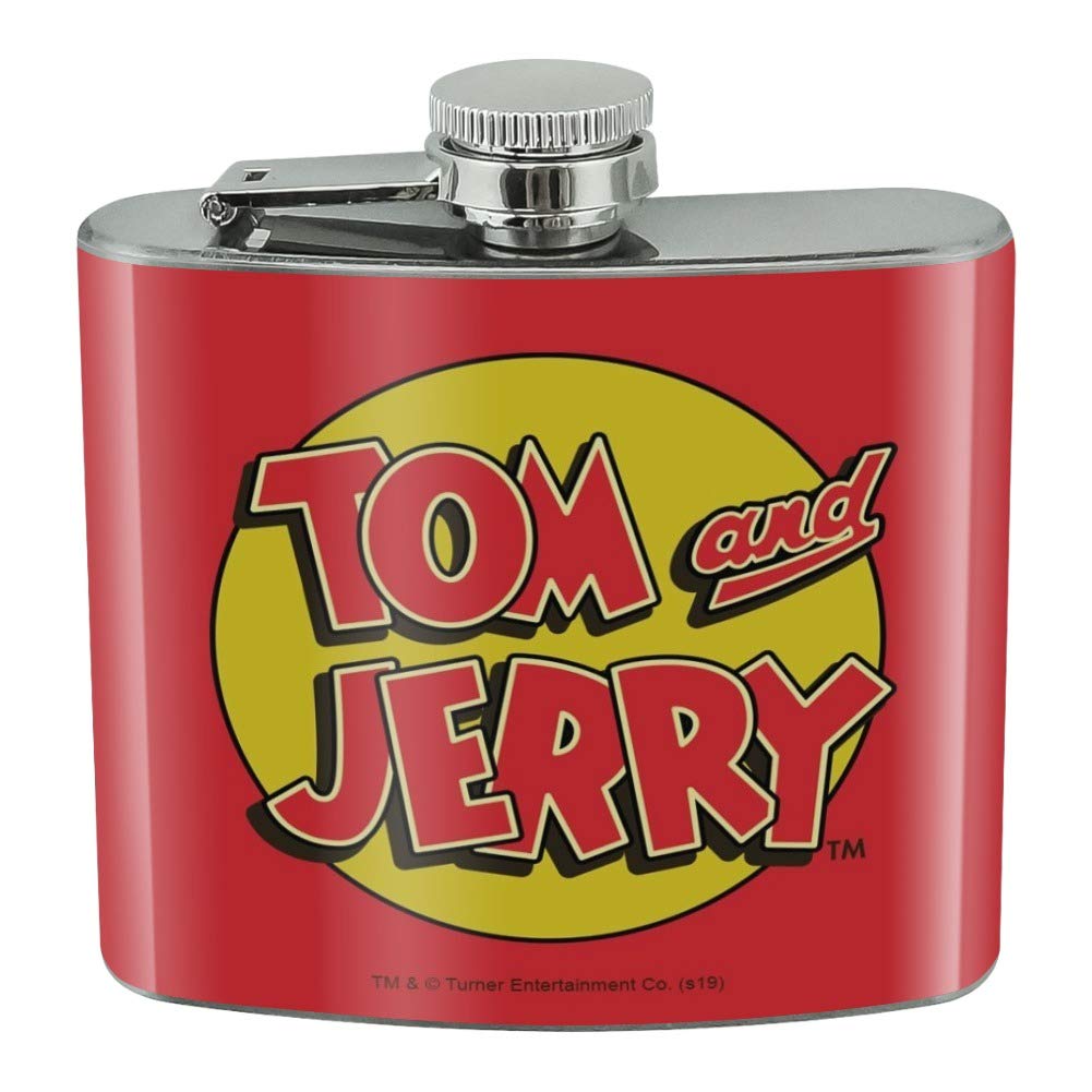 Tom and Jerry Logo Stainless Steel 5oz Hip Flask - Portable Whiskey Liquor Flask for Outdoor, Camping, Hiking & Parties - Perfect Gift for Alcohol Lovers