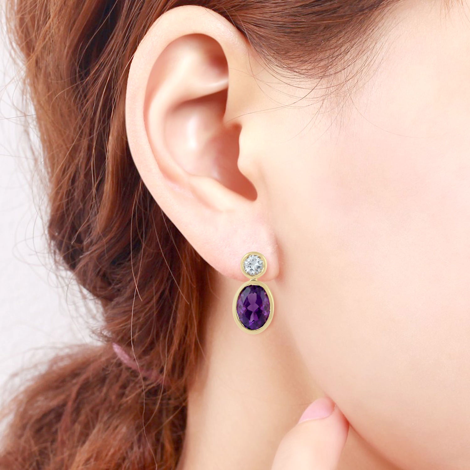 18K Yellow Gold Oval Cut Amethyst & White Sapphire Dangle Earrings for Women - Elegant Jewelry Gift for Birthday, Anniversary & Special Occasions
