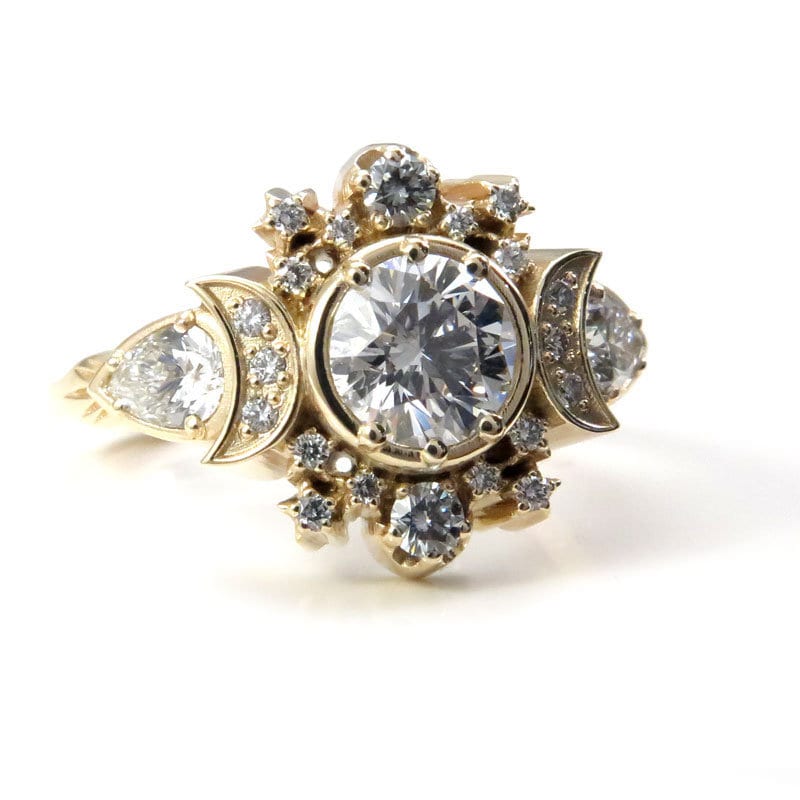 Infinite Cosmos Engagement Ring – 14k Gold 1 Carat Diamond Ring with Stars & Crescent Moons | Size 6-8 | Unique Modern Wedding Band for Ceremonies, Anniversaries & Romantic Proposals