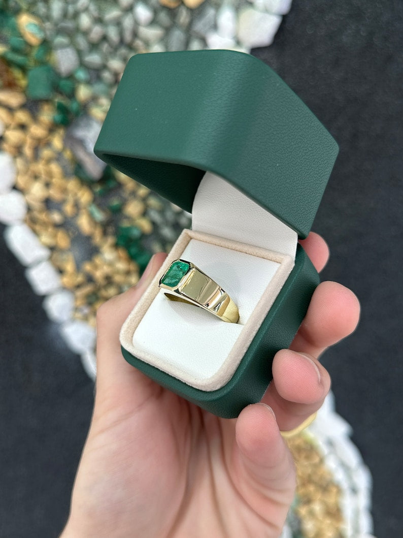 2.65ct 14K Gold Men's Emerald Cut Green Gemstone Ring - Dark Green North to South Set Wedding Band for Men, Perfect for Engagement, Anniversary & Special Occasions