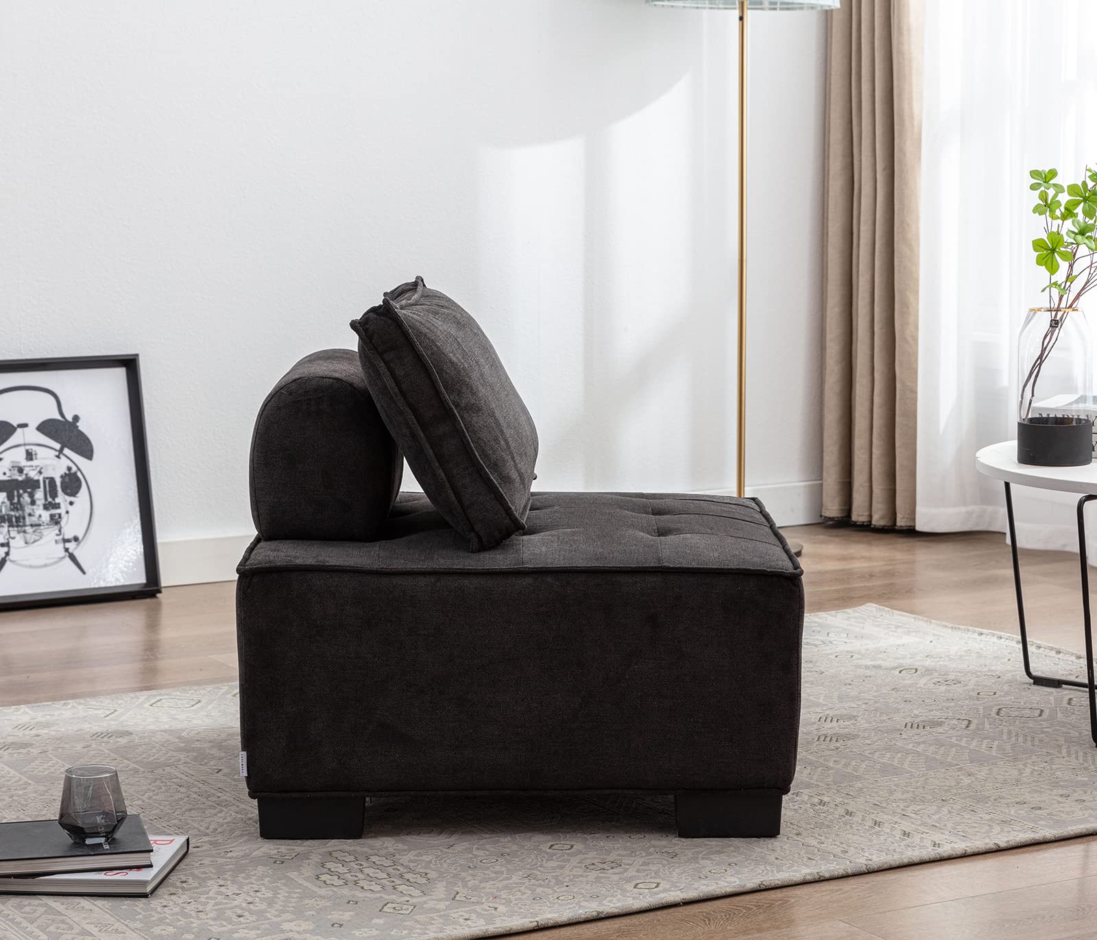 KINFFICT Modern Upholstered Armless Accent Chair - Sturdy Solid Structure Living Room Sofa with Comfy Ottoman for Relaxing, Reading & TV Watching - Perfect for Small Spaces, Apartments & Home Offices (Black)