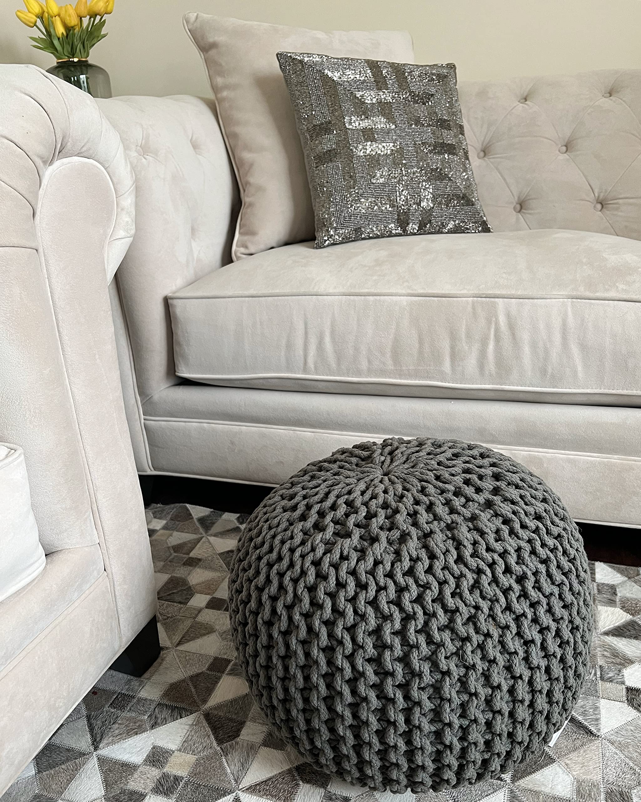 Handmade Premium Cotton Round Knitted Cable Pouf Ottoman Foot Stool - 100% Handcrafted Small Furniture for Living Room, Bedroom & Nursery - Sage Green 17x17x14 (S119) - Cozy Home Decor Accent Piece