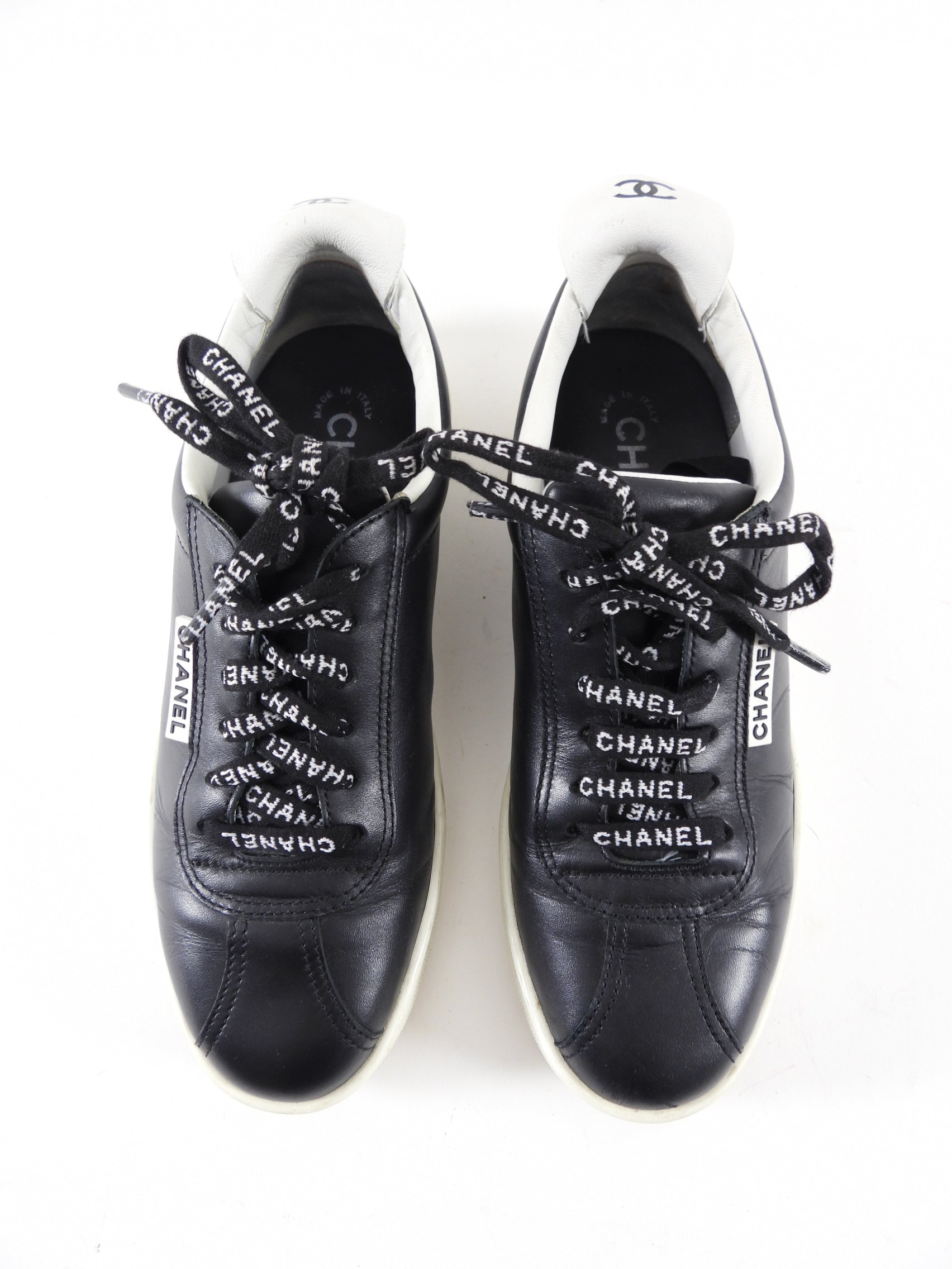 Chanel Black Leather & White Logo Court Sneakers - Women's Size 36 | Fashionable Casual Shoes for Everyday Wear & Street Style Outfits