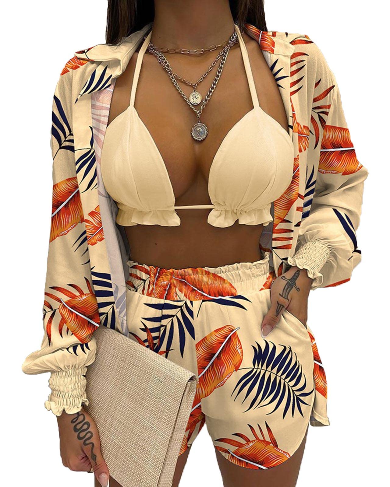 Women's Hawaiian 3-Piece Outfit Set - Floral Print Blouse, Casual Mini Shorts & Tank Top | Summer Beachwear, Vacation Outfit, Tropical Party Dress