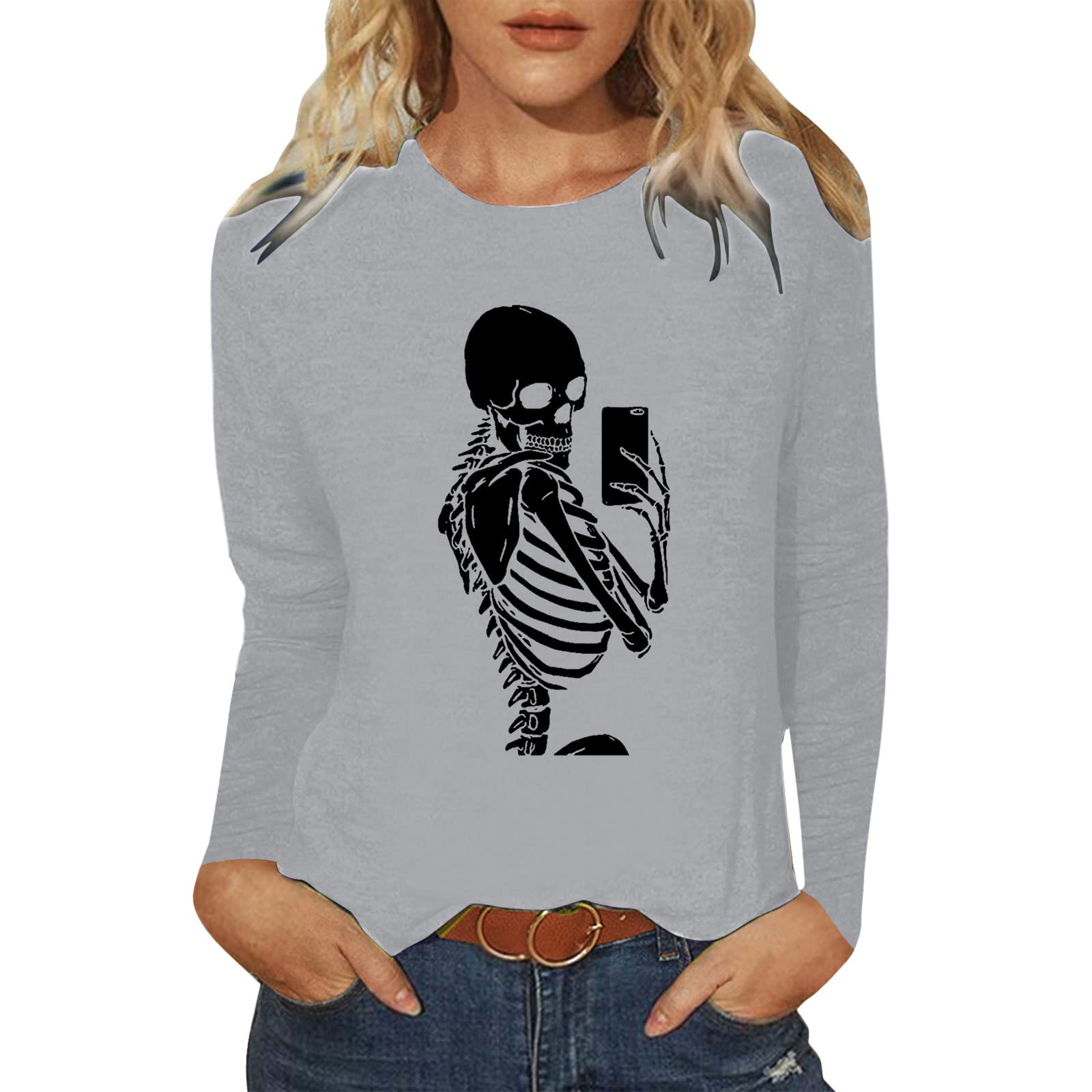 DGTVVR Women's Casual Letter Print Long Sleeve T-Shirt - Loose Fit Round Neck Button Down Tee for Everyday Wear, Work & Outings
