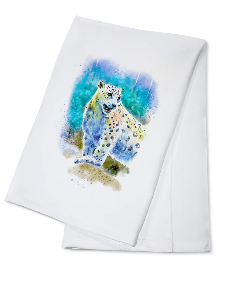 Snow Leopard Watercolor Print Cotton Tea Towel - Blue Background Kitchen Hand Towel for Dish Drying & Home Decor