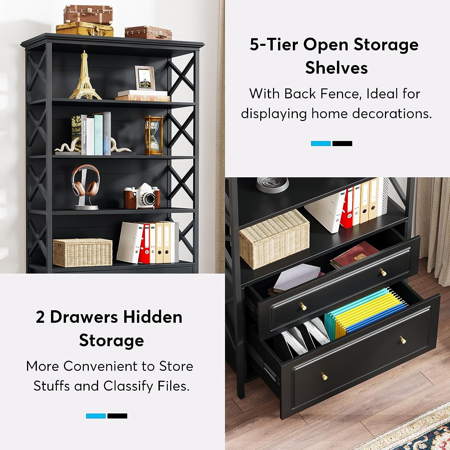 5 Tier Industrial Bookshelf with 2 Drawers - Sturdy Metal Bookcase for Home Office, Living Room & Bedroom Storage - Perfect for Organizing Books, Decor & Office Supplies