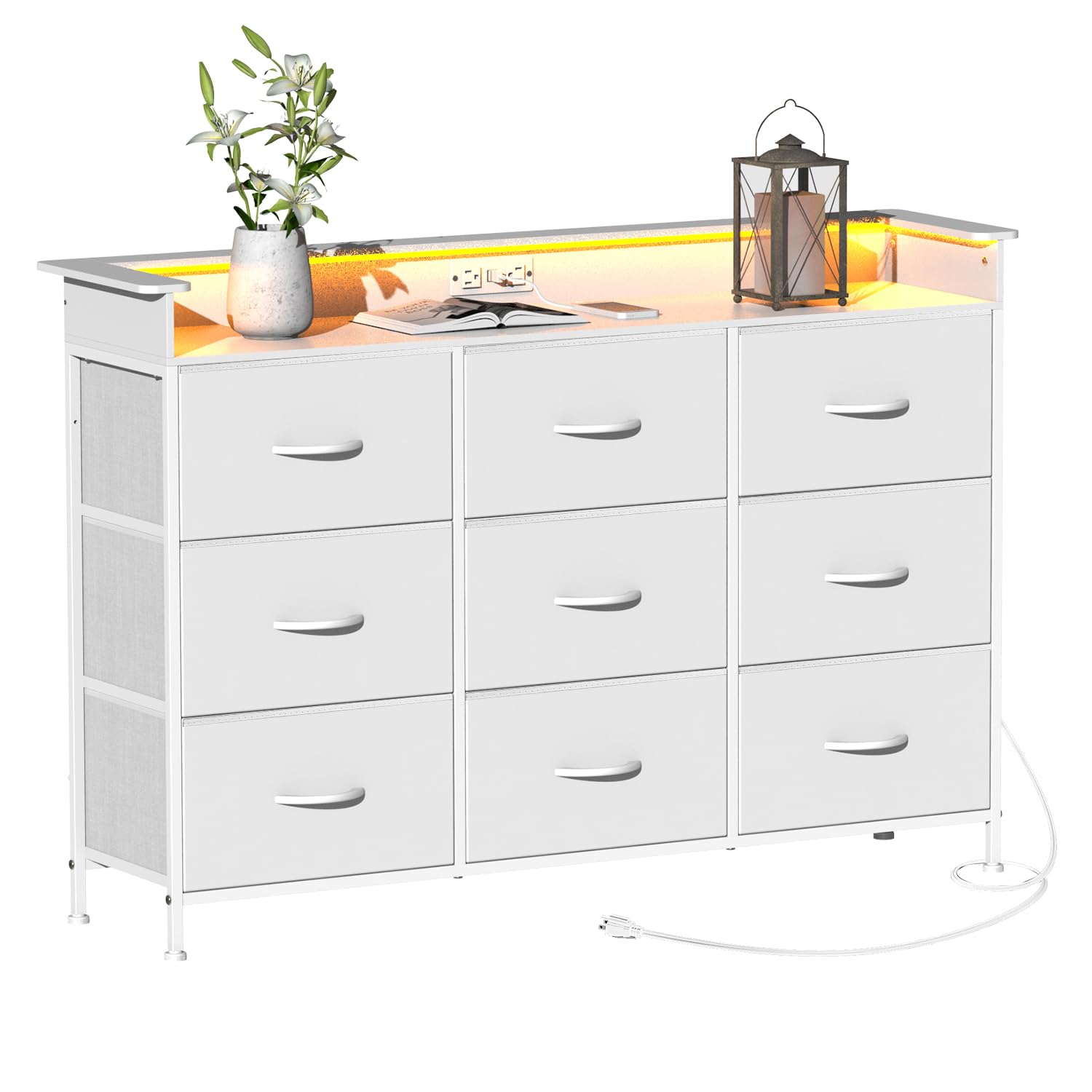 EXOTICA 9-Drawer White Dresser with LED Lights & USB Charging Station - Sturdy Steel Frame & Wooden Top for Bedroom, Entryway, Living Room, Hallway | Easy Pull Handles, Modern Storage Solution for Clothes & Accessories
