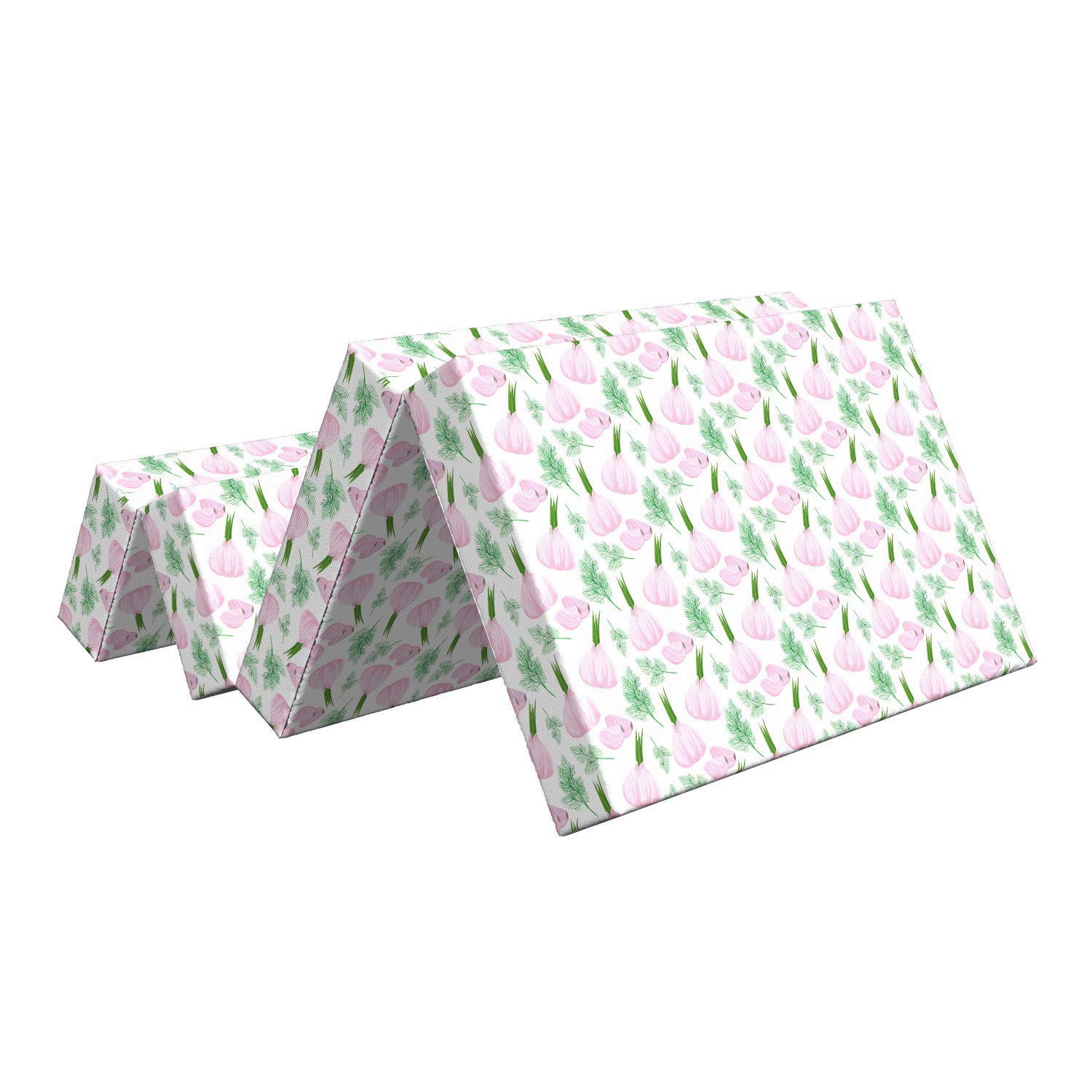 Ambesonne Foldable Mattress with Garlic & Vegetable Art Print - 74.8 x 39.4 Inches - Fern Green & Pale Mauve - Lightweight Portable Guest Bed for Home, Camping & Travel