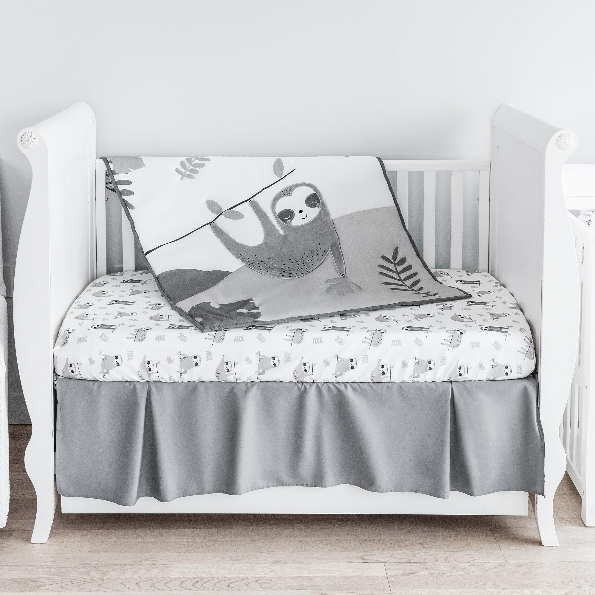 MY LITTLE ZONE 5-Piece Neutral Baby Crib Bedding Set - Soft Gray & White Sloth Nursery Collection with Comforter, Fitted Sheet, Changing Pad Cover & Crib Skirt | Cozy & Safe for Newborns, Infants & Toddlers | Perfect for Nursery Decor, Baby Shower Gifts & Gender-Neutral Themes
