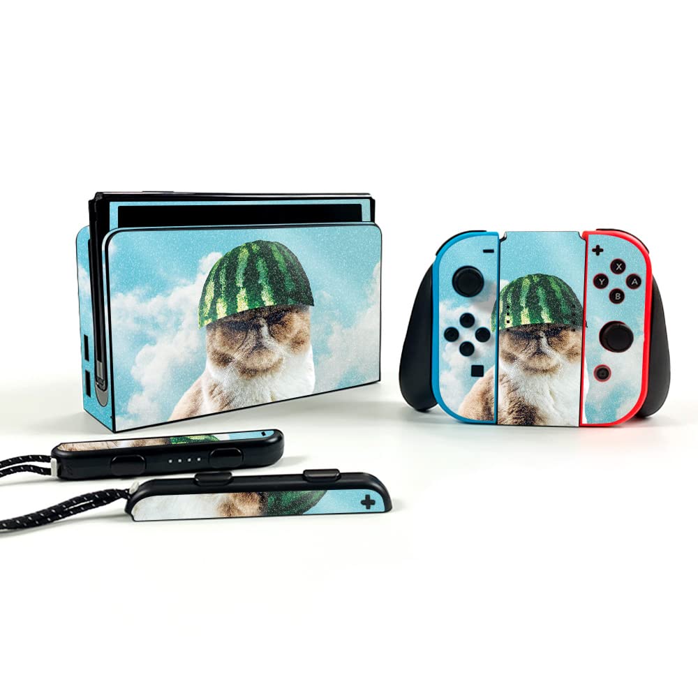MightySkins Glossy Glitter Skin for Nintendo Switch OLED - Watermelon Cat Hat Design | Protective & Durable Textured Finish | Easy to Apply | Made in USA | Perfect for Gaming, Travel & Personalization