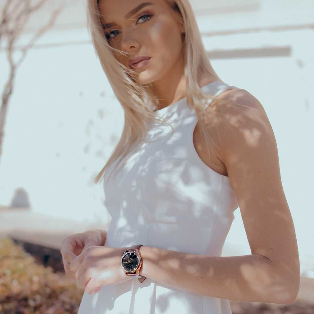 ARIES GOLD ENCHANT LIBERTY Rose Gold Stainless Steel Women's Watch with Brown Leather Strap - Perfect for Office, Date Night & Special Occasions