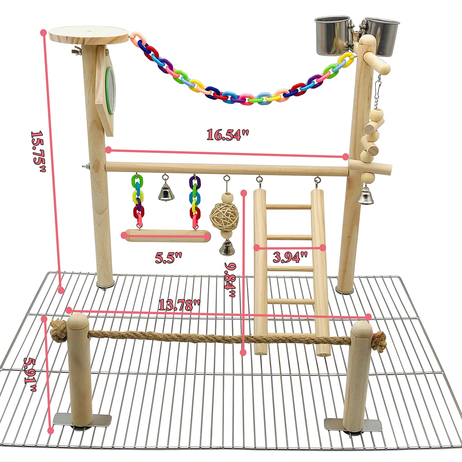 Bird Playground Top Cage - Hanging Chewing Toys & Wood Perch for Parrots, Conures, Parakeets, Budgies, Cockatiels, Lovebirds | Durable Parrot Gym Play Stand for Cage Top - Perfect for Playtime, Exercise & Mental Stimulation