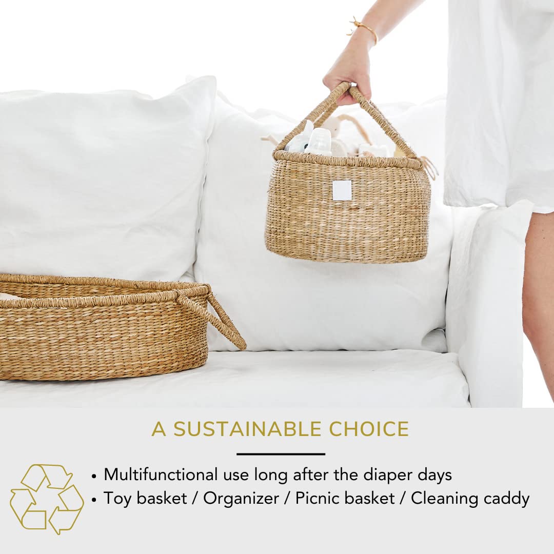 Premium Baby Diaper Caddy Organizer - Handwoven Seagrass Storage Basket with Cotton Divider | Award-Winning Nursery Organization Solution | Perfect for Baby Showers, Nursery Decor & Diaper Storage (ROSA)