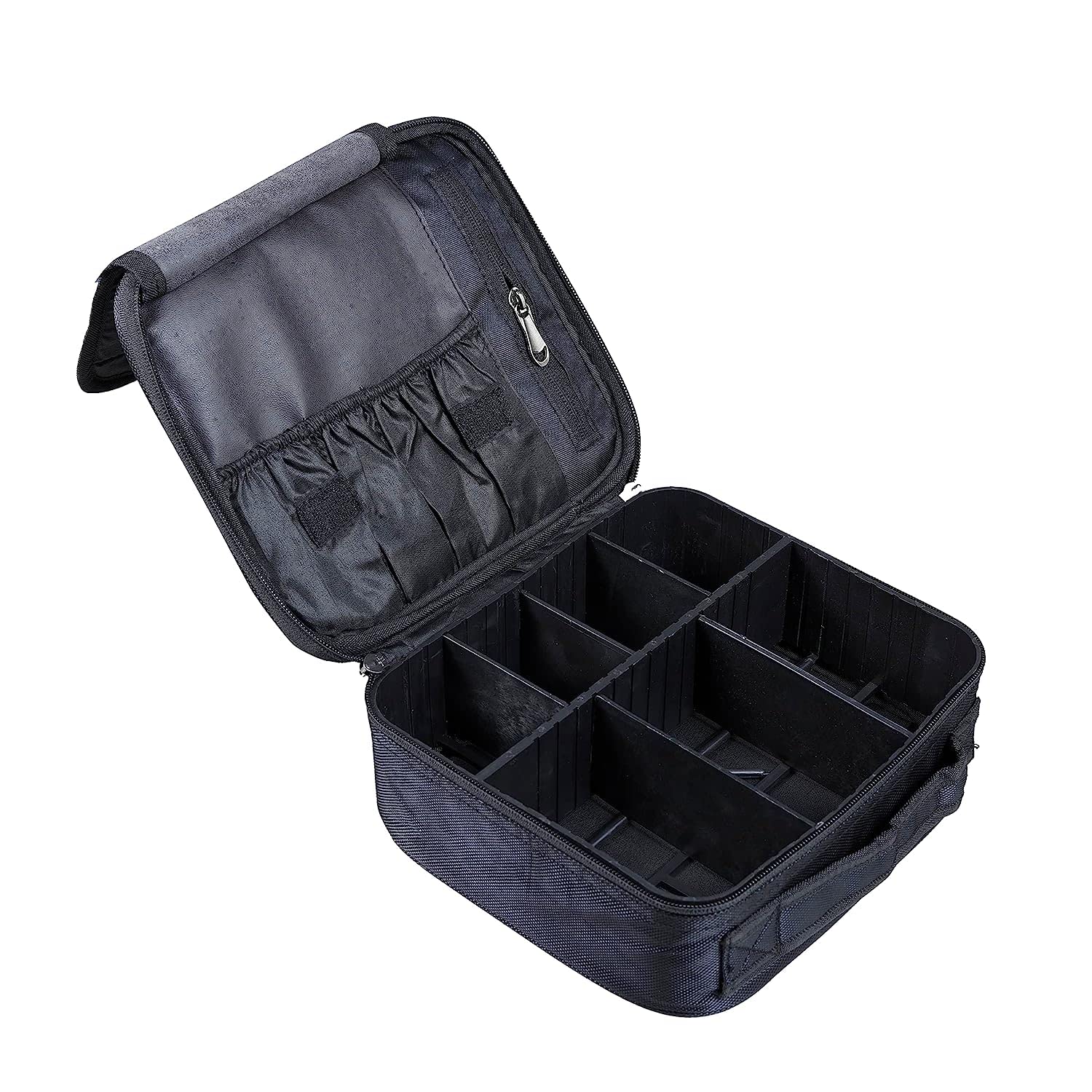 Professional Nylon Cosmetic Makeup Kit Organizer - Adjustable Compartment Travel Toiletry Vanity Bag for Cosmetics, Makeup Brushes, Jewelry & Digital Accessories | Perfect for Travel, Home Storage & Salon Use (Black)