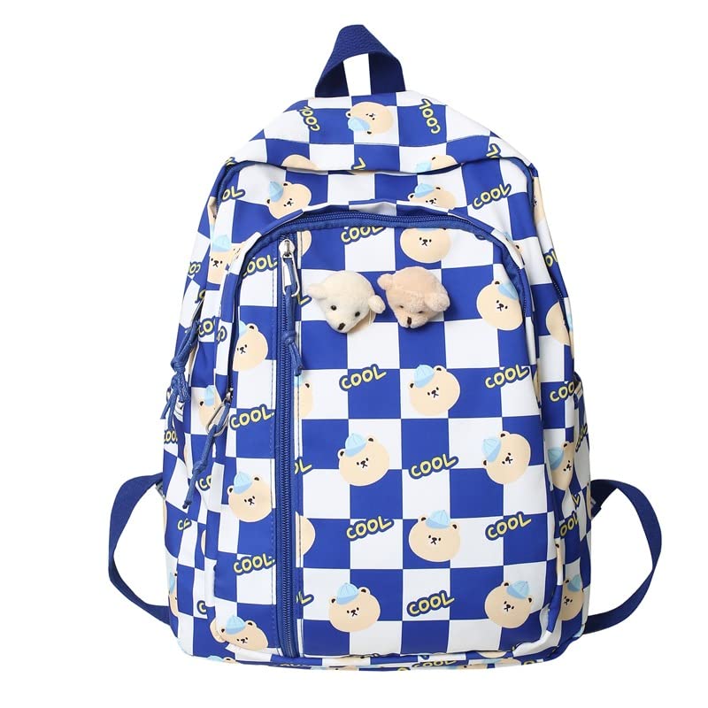 Kawaii Checkerboard Backpack with Bear Accessories - Cute Japanese Ita Bag, Pastel Rucksack for School & Travel (Blue) | Anime Cosplay & Kawaii Fashion Accessory