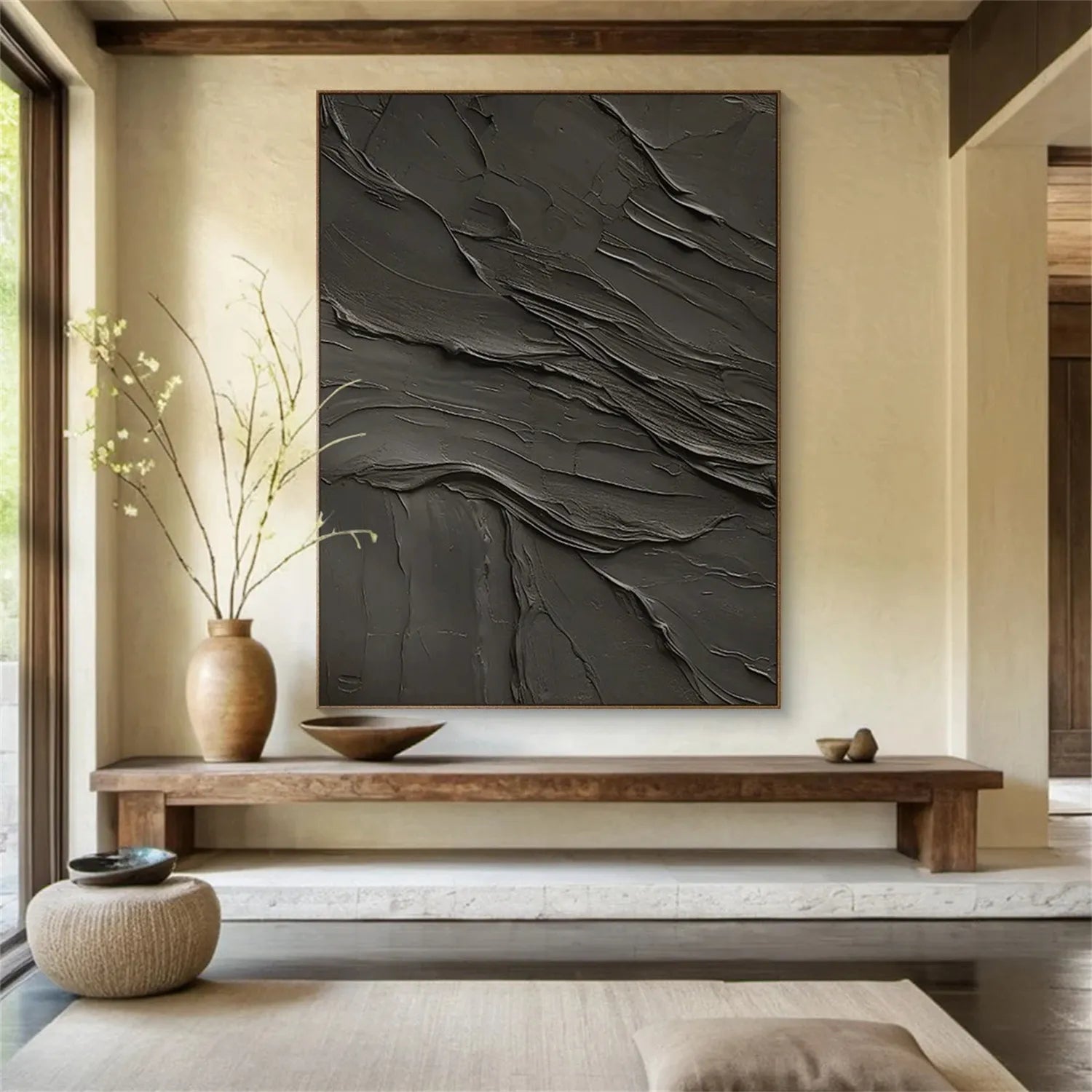 Black Plaster Art Minimalist Textured Painting - Modern Abstract Wall Decor for Living Room, Bedroom & Office | Contemporary Home Artwork #MZ111