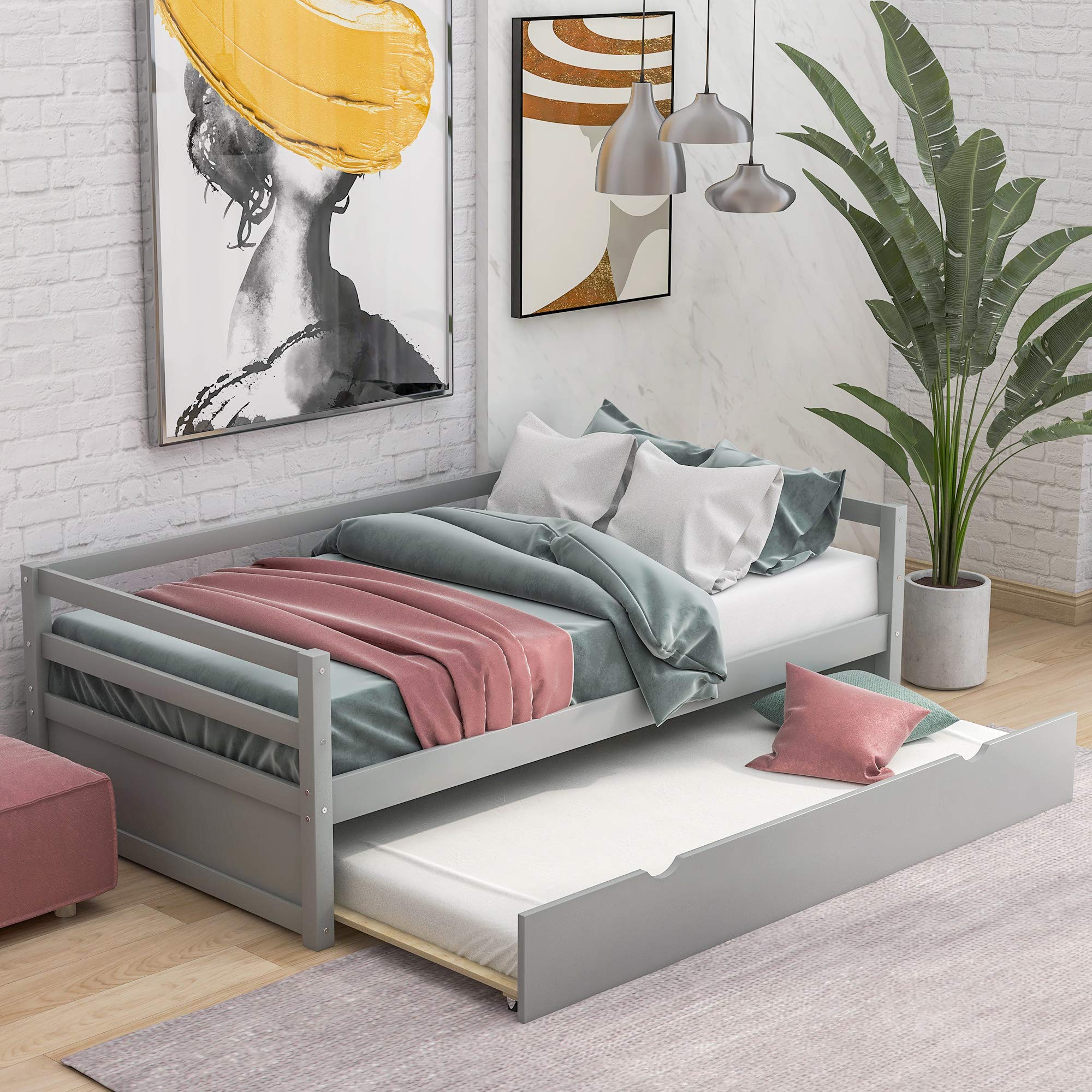 Merax Solid Wood Daybed with Trundle - Twin Size Bed Frame for Teens & Adults - Easy Assembly, No Box Spring Needed - Gray - Perfect for Guest Rooms, Dormitories & Small Spaces