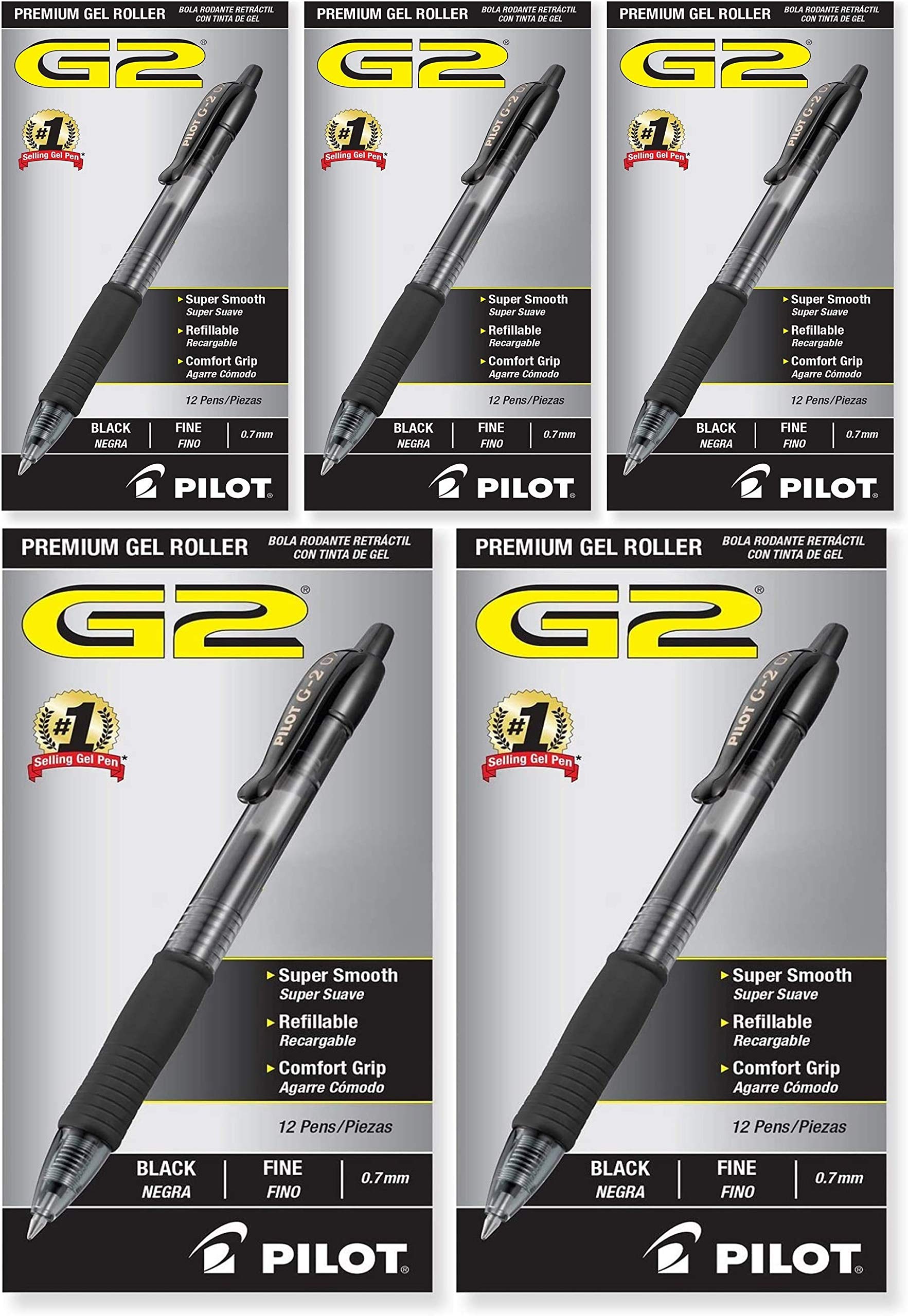 PILOT G2 Premium Refillable Retractable Gel Pens - Fine Point 0.7mm Black Ink - 12-Pack (5 Sets) for Office, School, Note Taking & Gift Giving