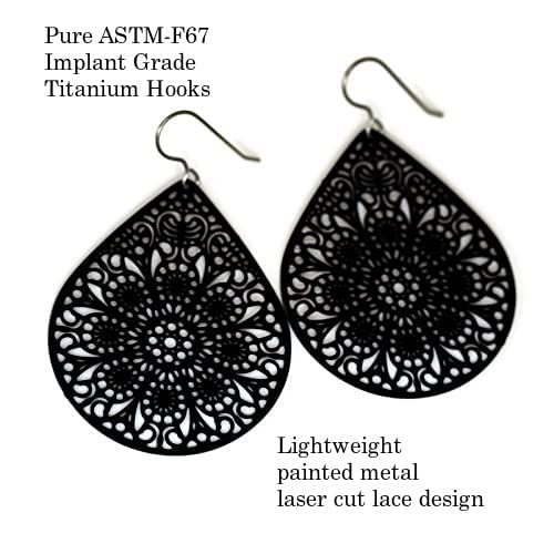 Lightweight Black Lace Cutout Dangle Earrings with Hypoallergenic Titanium Hooks - Elegant Teardrop Design for Women, Perfect for Parties, Weddings & Evening Events