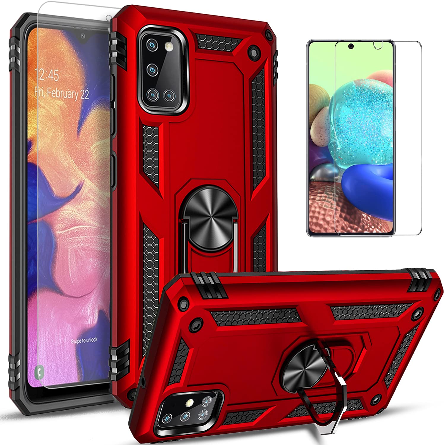 Samsung Galaxy A31 Case with Tempered Glass Protector - Shockproof Drop Protection Phone Cover with Metal Ring Stand (Red) | Compatible with Samsung A31 Only | Perfect for Travel, Work, and Daily Use