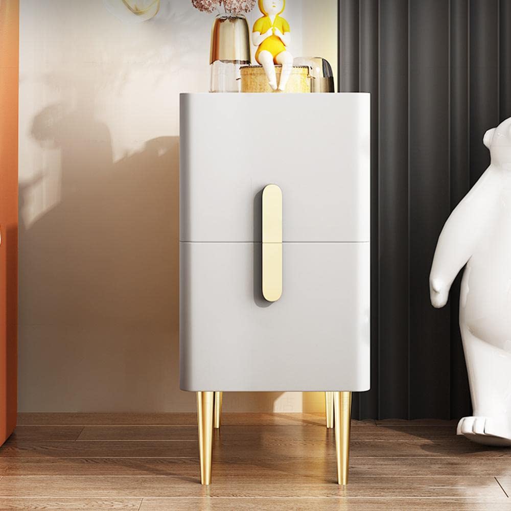 Modern White Narrow Nightstand with 2 Drawers - Sintered Stone Tabletop & Stainless Steel Legs - PU Leather Bedside Table for Bedroom, Living Room - Compact End Table for Small Spaces (1 Piece)