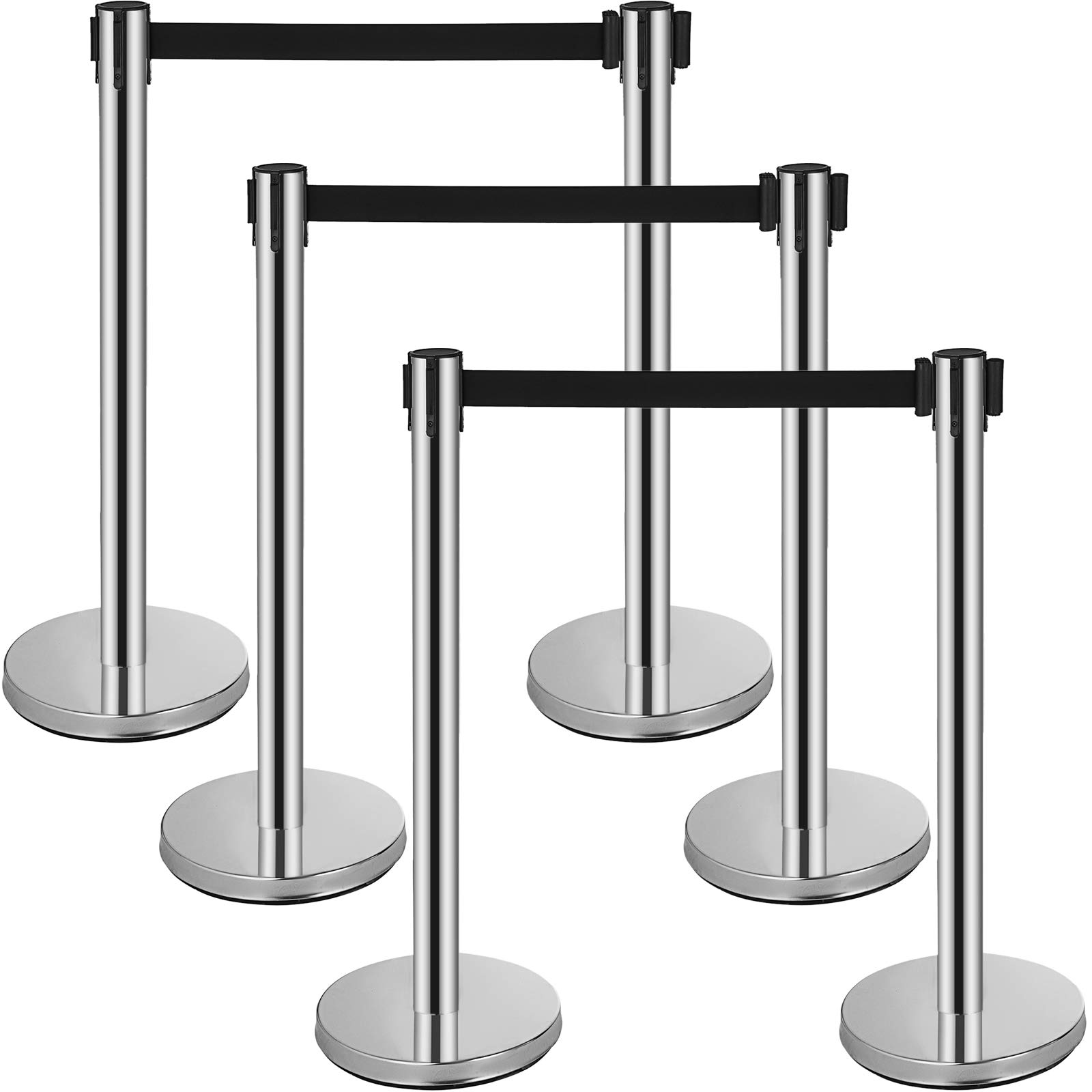6 Pcs Stainless Steel Stanchion Posts with 6.5' Retractable Belt Rope - 36In Black Crowd Control Barriers for Events, Parties & Queue Management - Durable Silver Queue Poles for Indoor/Outdoor Use