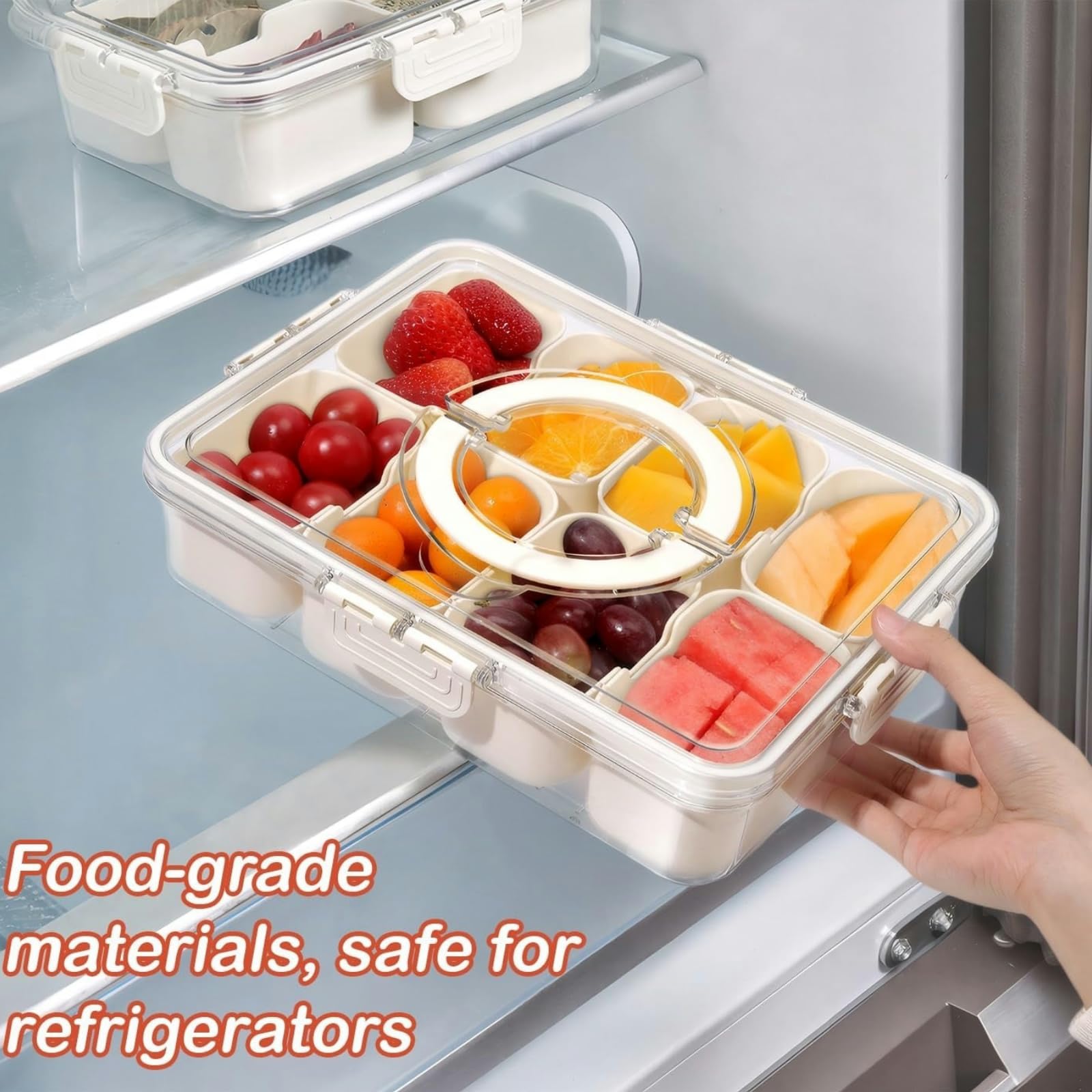 Portable Divided Snackle Box Container with Lid & Handle - 3-Compartment Serving Tray for Fruits, Candy, Treats | Perfect for Picnics, Parties, Road Trips & Office Snacks