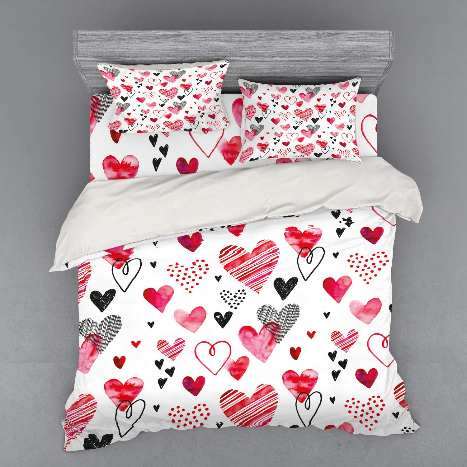 Ambesonne Valentine Duvet Cover Set - Romantic Watercolor Heart Design with Striped Art, 4-Piece King Size Bedding Set (Duvet Cover, 2 Pillow Shams, Fitted Sheet) in Pink, Black & White - Perfect for Valentine's Day, Anniversary Gifts & Couples Bedroom Decor