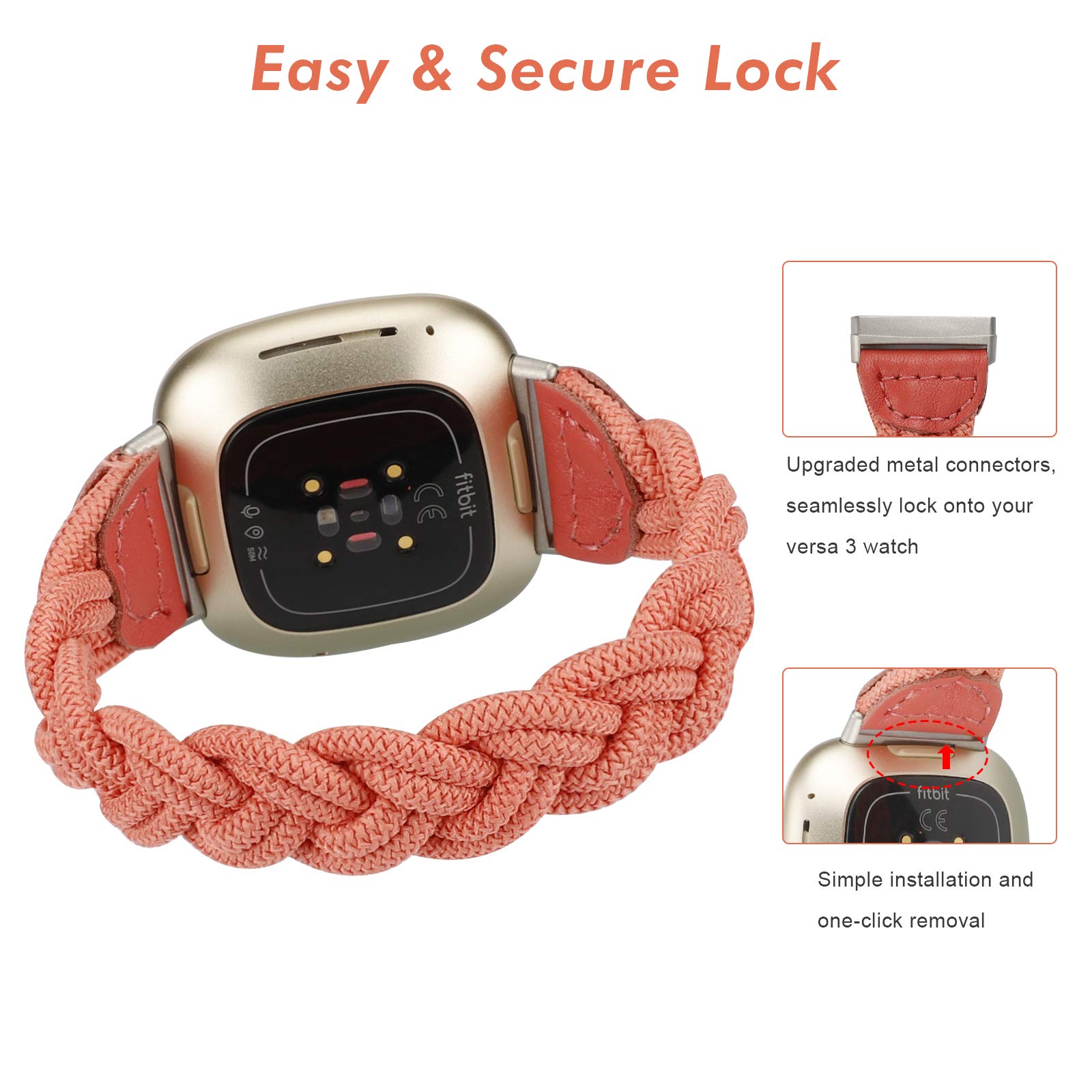 Elastic Braided Solo Loop Band for Fitbit Sense/Sense 2/Versa 3/Versa 4 - Slim Stretchy Woven Wristband Accessory for Women (Hot Pink) | Perfect for Workouts, Running & Everyday Wear