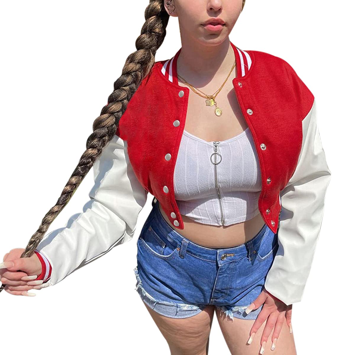 KIRJAUDU Women's Colorblock Patchwork Varsity Baseball Jacket - PU Leather Sleeve Cropped Bomber Jacket for Casual Wear, Street Style & Fall Fashion