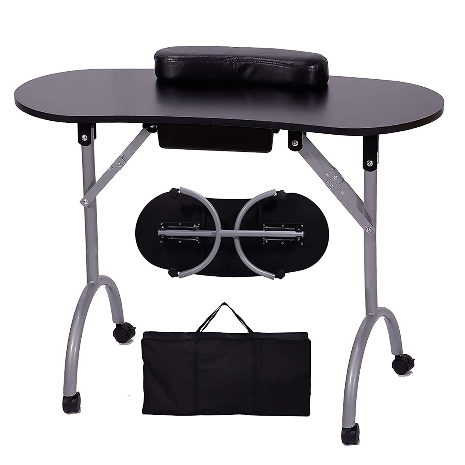 35.4 Inch Portable Foldable Manicure Table with Large Drawer, Adjustable Wheels & Wrist Pad - Professional Nail Salon Workstation for Home & Spa Use | Perfect for Manicurists, Nail Technicians & Mobile Nail Services