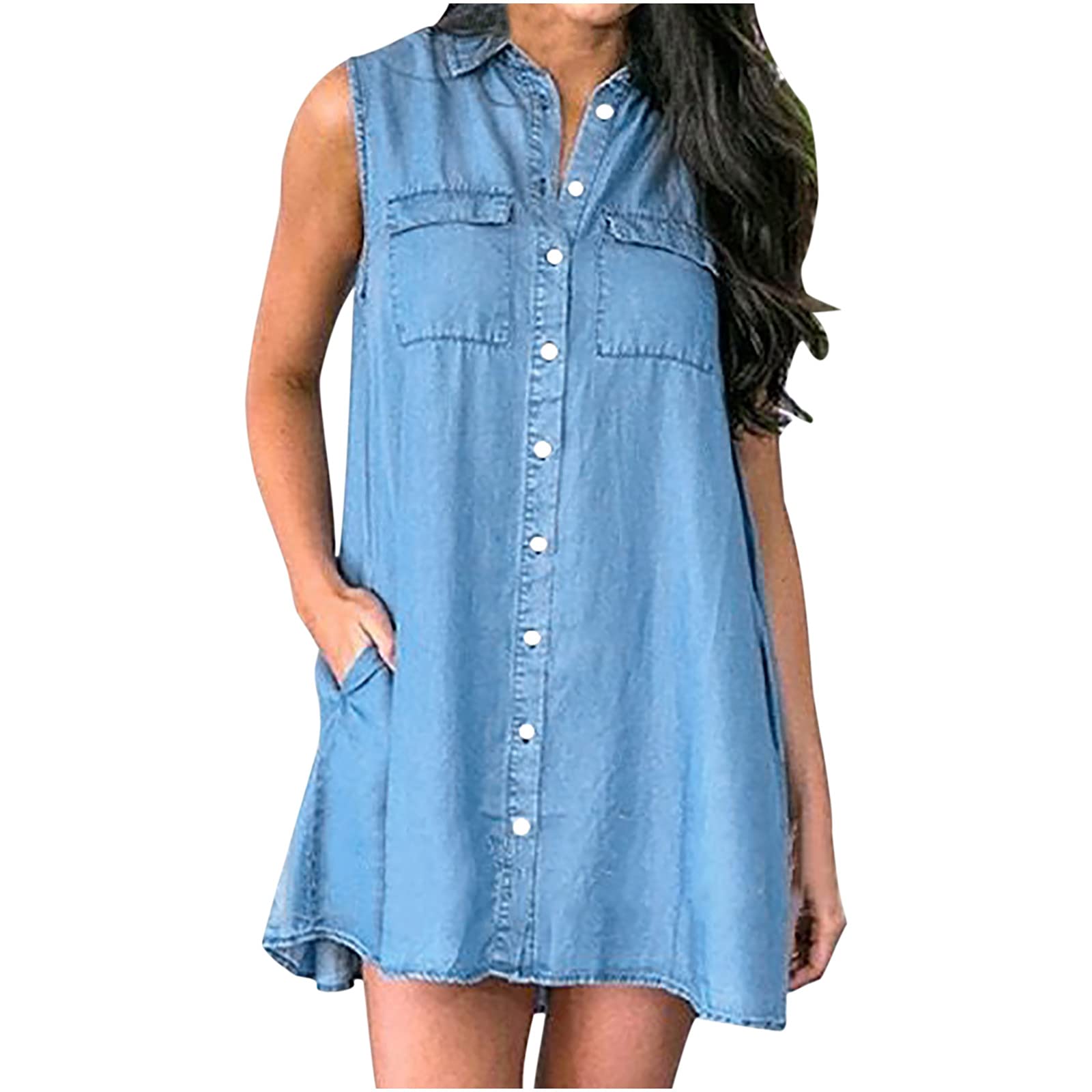 Tuduoms Women's Plus Size Solid Flowy Casual Sleeveless Dress with Lapel - Denim Shirt Dress for Summer, Beach, Vacation & Casual Outings