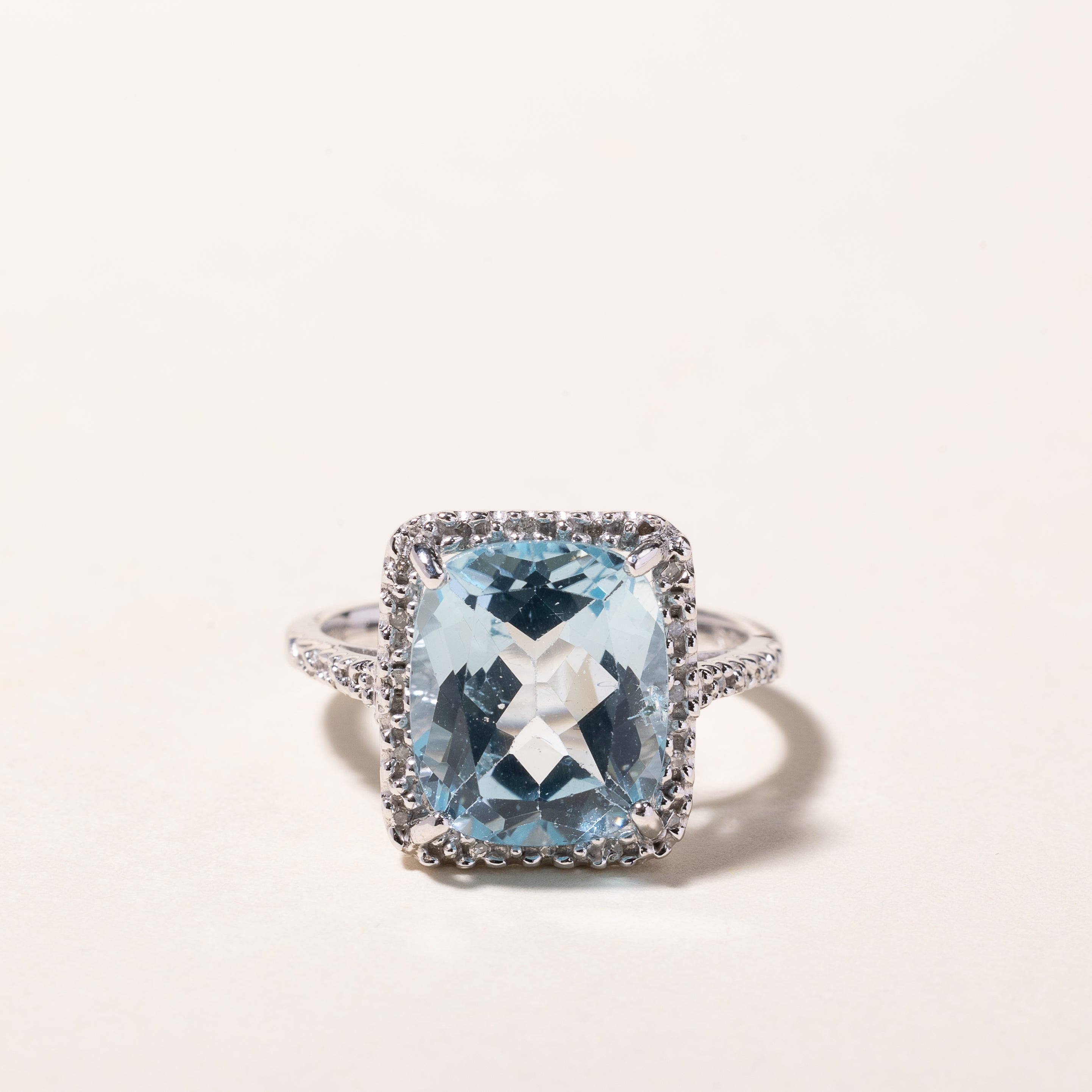 10K White Gold Blue Topaz and Diamond Ring - 7.14ct Natural Topaz with 0.14ctw Diamonds - Size 7 - Elegant Engagement, Wedding, Anniversary Jewelry Gift for Her