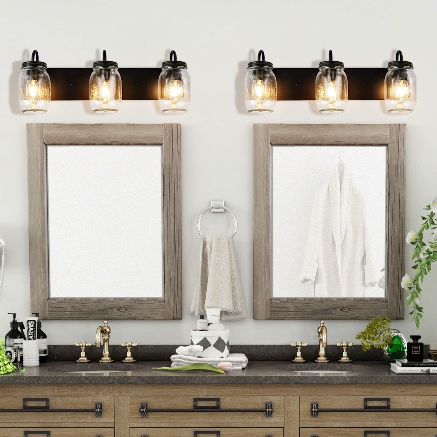Vanity Glass Wall Lights - Mason Jar Black Wall Sconce for Bathroom, Farmhouse Decor - Perfect for Bathroom Vanity, Bedroom Accent, and Rustic Home Lighting