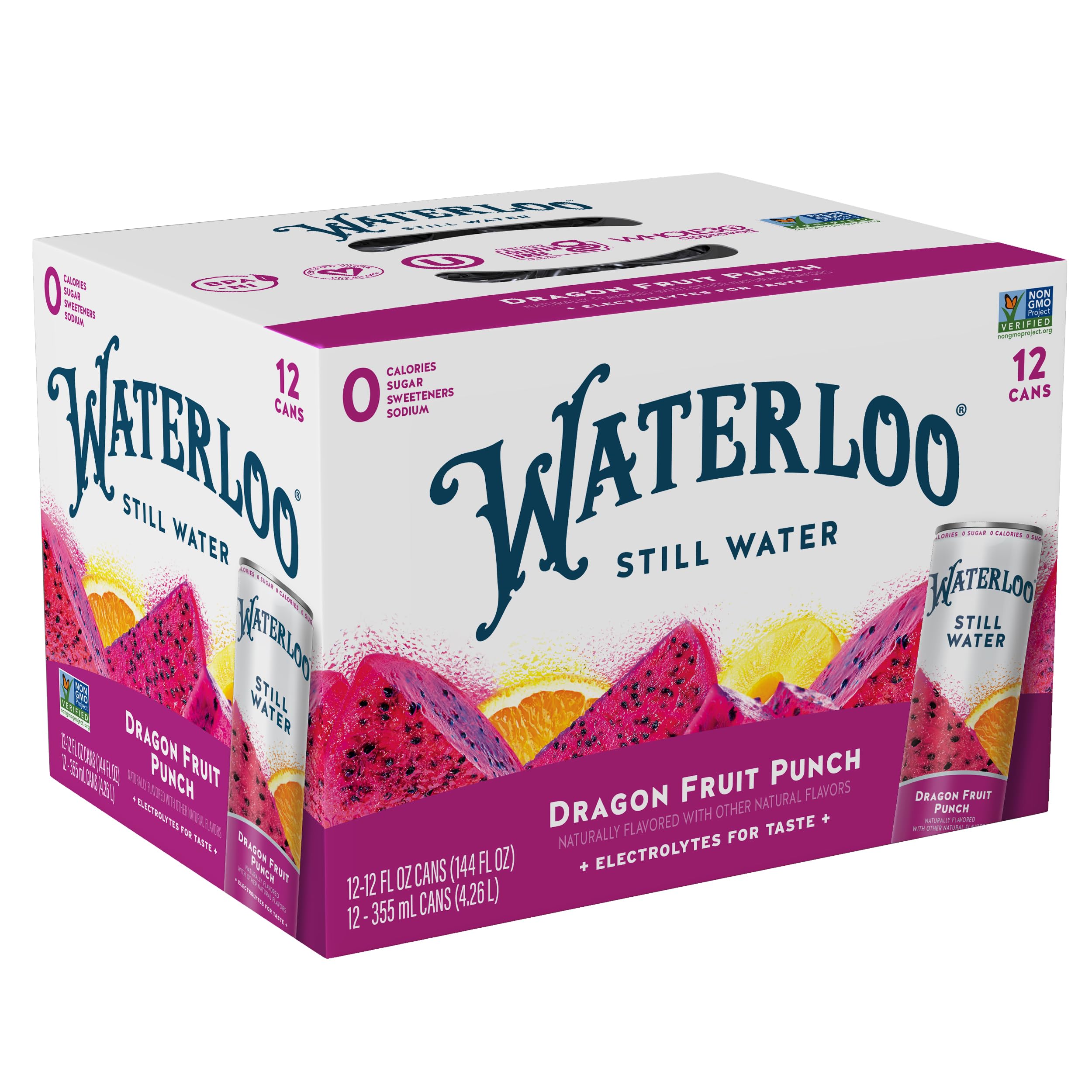 Waterloo Naturally Flavored Still Water - Dragon Fruit Punch | Zero Calorie, Sugar Free Purified Water | 12oz Cans (12 Pack) | No Artificial Sweeteners or Sodium | Perfect for Hydration, Gym, Office & Outdoor Activities