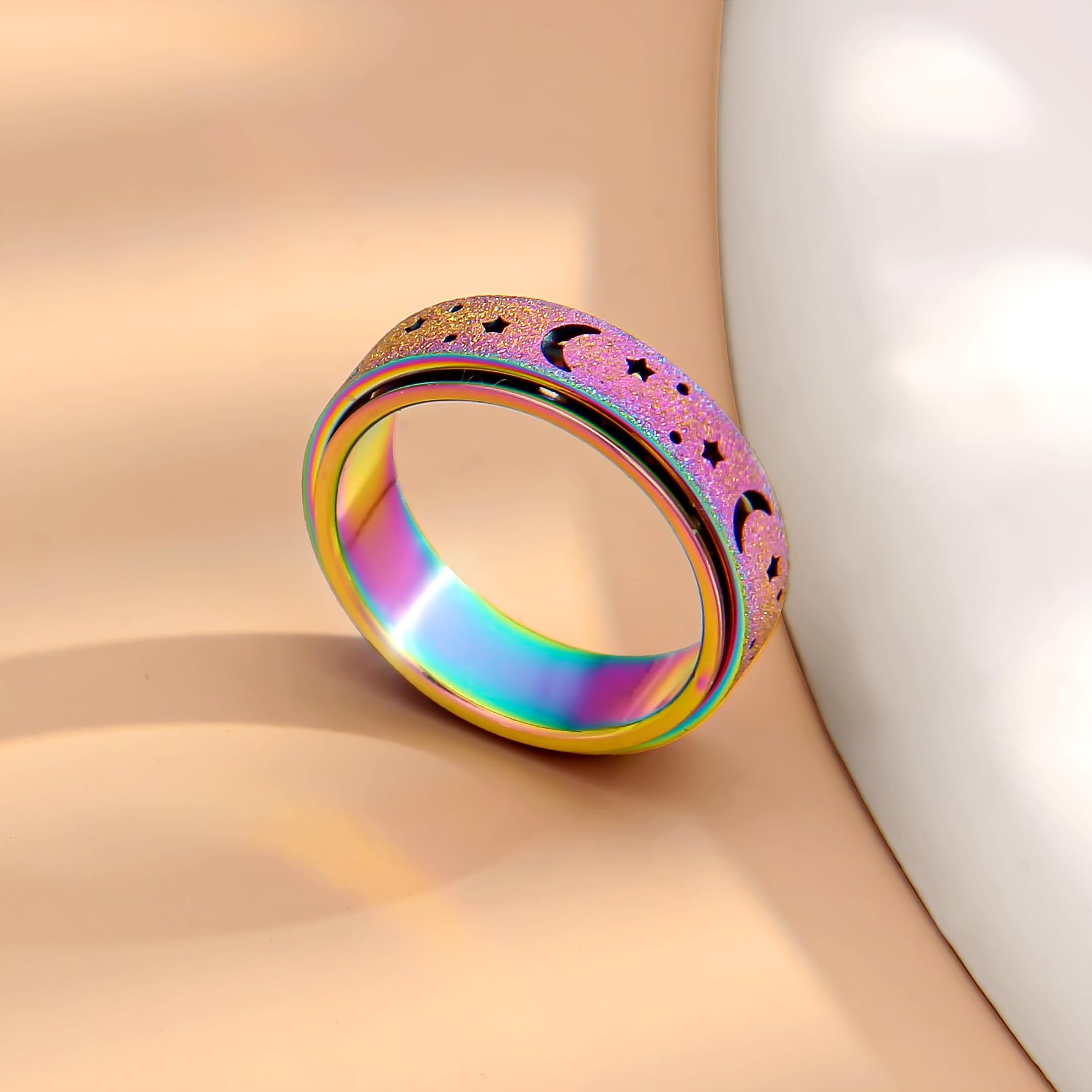 Anxiety Spinner Ring for Women & Men - 6mm Moon Star Design for Stress Relief
