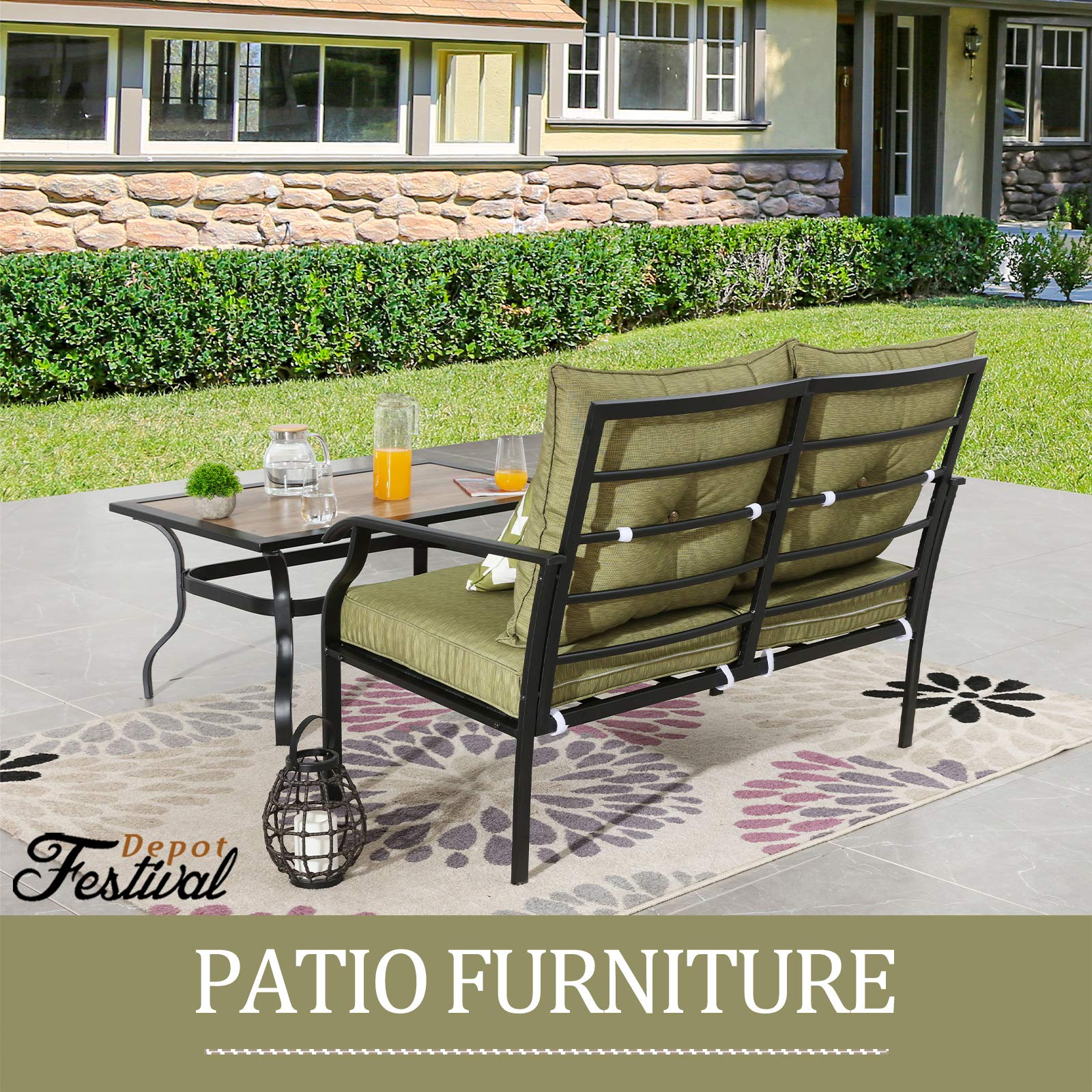 2-Piece Patio Conversation Set with Loveseat, Cushions, Pillows & Coffee Table - Outdoor Metal Garden Furniture for Backyard, Porch (Green) | Perfect for Relaxing, Entertaining & Outdoor Gatherings