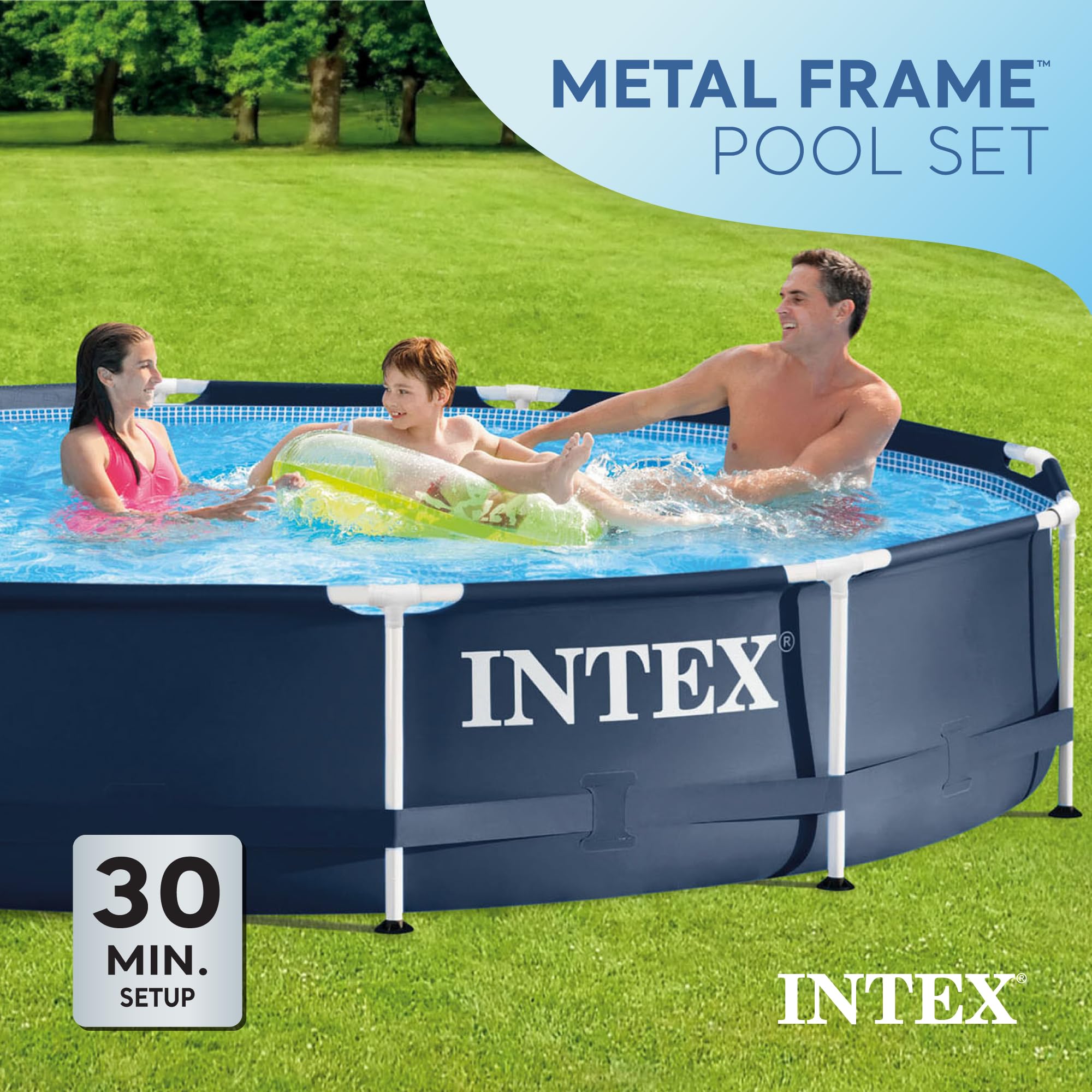 Intex 12ft x 30in Round Metal Frame Above Ground Swimming Pool with 530 GPH Filter Pump - Outdoor Backyard Family Pool for Summer Fun, Parties & Relaxation