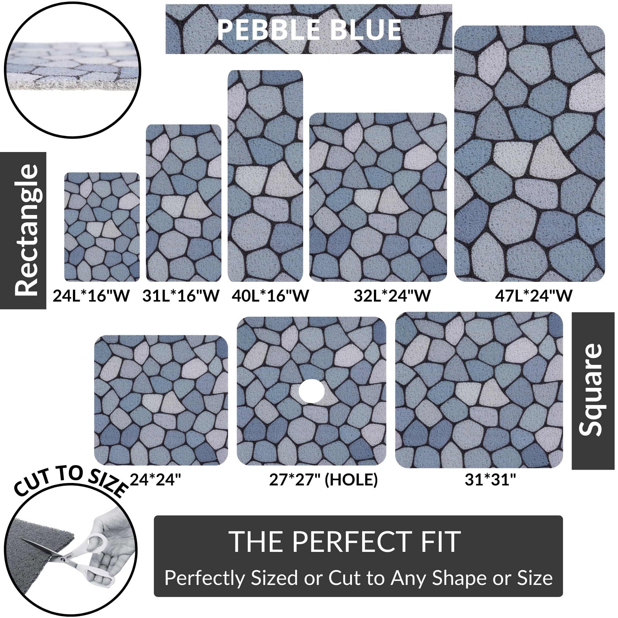 Non-Slip Pebble Blue Shower Mat with Center Drain Hole - 27x27 Inch Square Bath Mat for Shower Stall - Secure Loofah Texture Anti-Slip Floor Mat - Perfect for Bathroom Safety and Comfort - Ideal for Elderly, Kids & Wet Areas