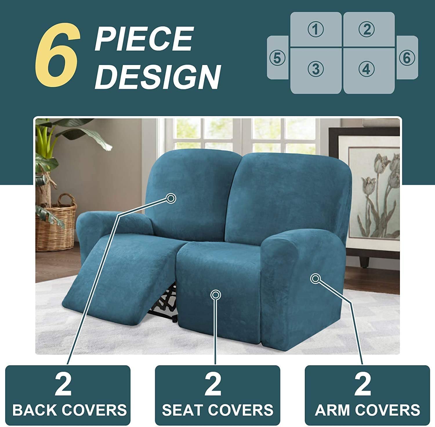 6-Piece Velvet Recliner Sofa Cover Set - Stretchable 2-Seater Loveseat Slipcover with Side Pockets - Soft Furniture Protector for Living Room, Family Room & Home Theater (Peacock Blue) - Perfect for Pets, Kids & Everyday Use