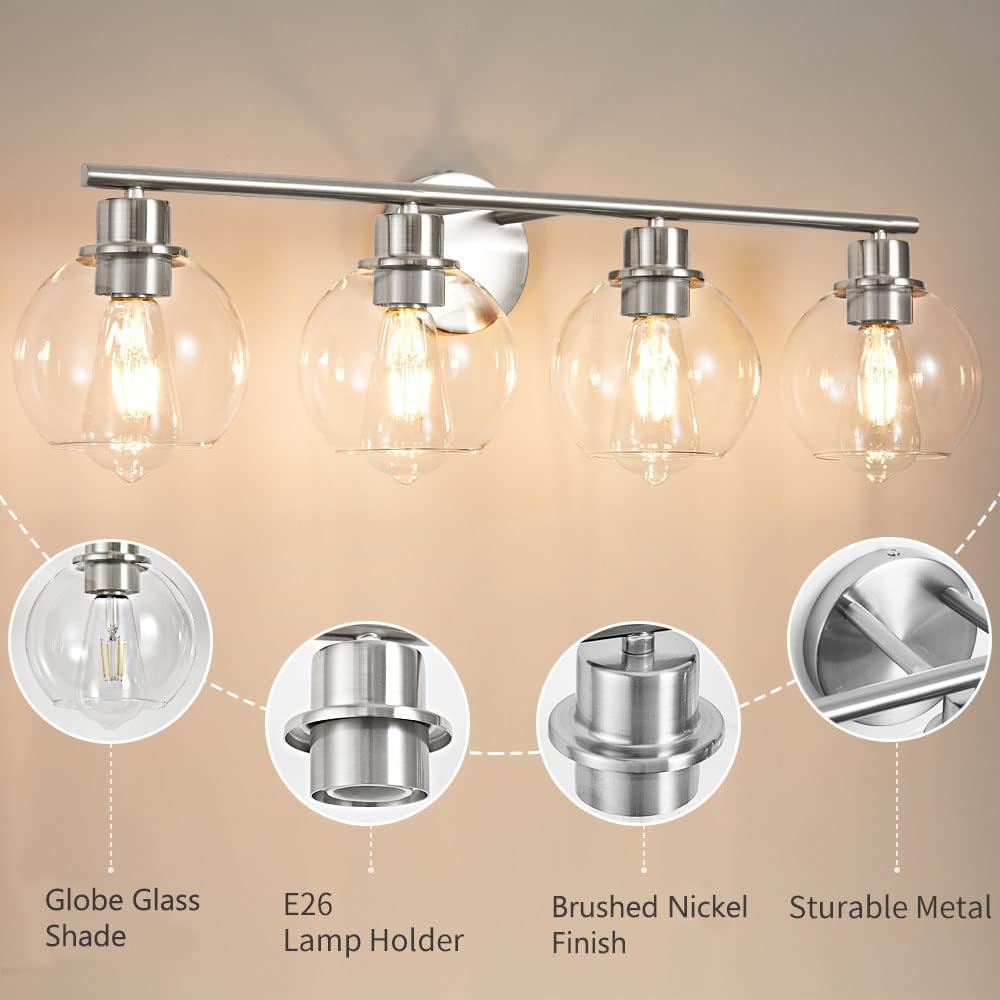4-Light Modern Brushed Nickel Bathroom Vanity Light with Clear Globe Glass Shade - 29.5 Inch Wall Sconce Lighting for Bathroom Mirror - Perfect for Home, Hotel & Spa Decor