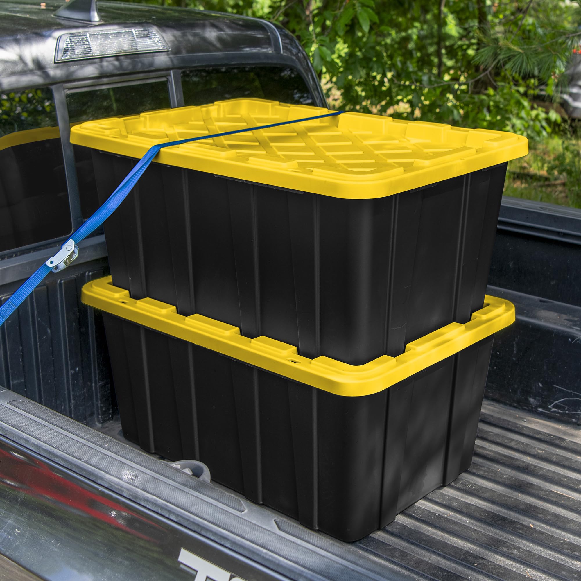Sterilite 4-Pack 38 Gallon Heavy Duty Stackable Storage Bins with Lids - Black & Yellow - Perfect for Home Organization, Garage Storage, and Moving Supplies