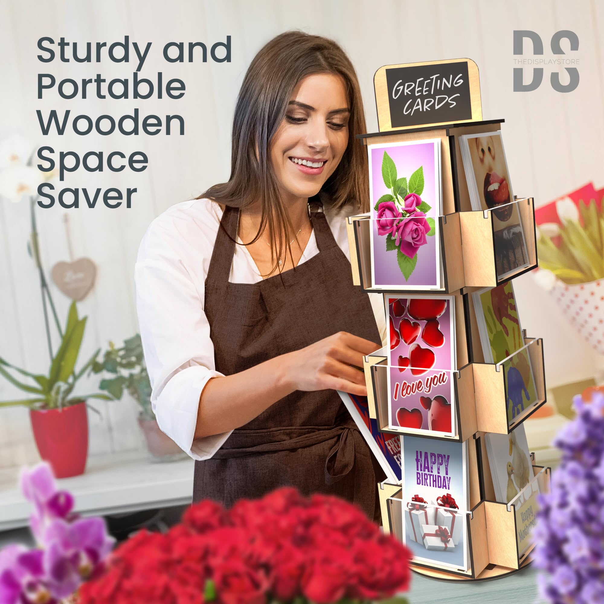 3 Tier Rotating Wooden Display Stand for Greeting Cards & Stickers - Retail Counter Vendor Organizer with 360° Spinning Shelf - Perfect for Gift Shops, Stationery Stores and Boutique Displays