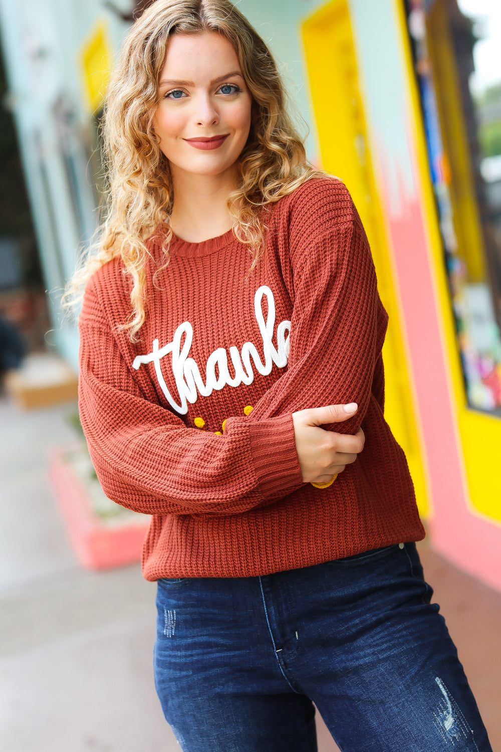 Cozy Thanksgiving Pop Up Embroidery Chunky Sweater - Women's Holiday Knit Pullover for Family Gatherings & Fall Festivities