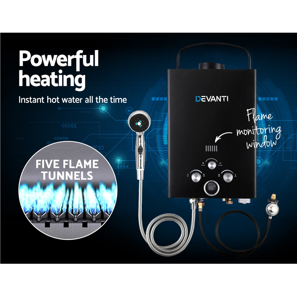 Devanti 8L/Min Portable Gas Water Heater with Pump - LPG System for Camping, RV & Outdoor Showers - Black