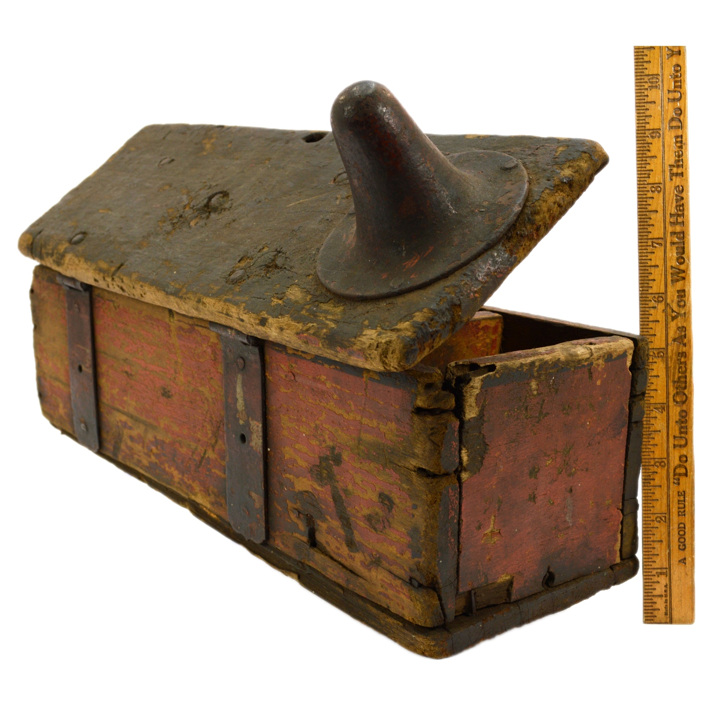 Vintage Antique Homemade Oil Can Tool Box - Rustic Crude Iron Nipple Top with Original Red Paint - Perfect for Industrial Decor, Steampunk Collectibles & Vintage Workshop Display