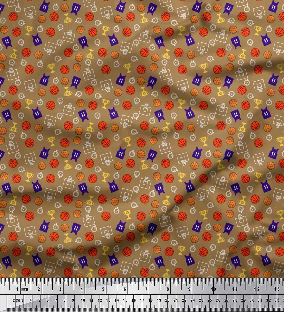 Soimoi Silk Brown Fabric by The Yard - 42 Inch Wide - Sports Theme Printed Fabric with Trophy, Timer Clock & Basketball Design - Perfect for DIY Sports Jerseys, Quilting, and Championship Decorations