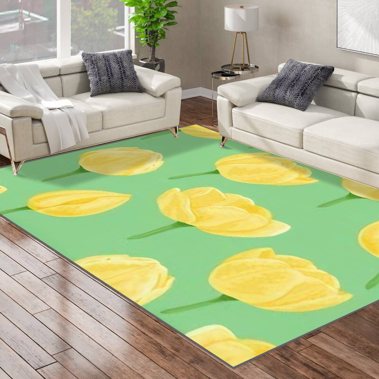 Non-Slip Floral Area Rug - Yellow Tulips on Green Spring Botanical Cartoon Carpet | Playmat, Yoga Mat, Indoor Floor Covering for Living Room, Bedroom, Nursery, Patio & Door Mat - Home Decor Essentials