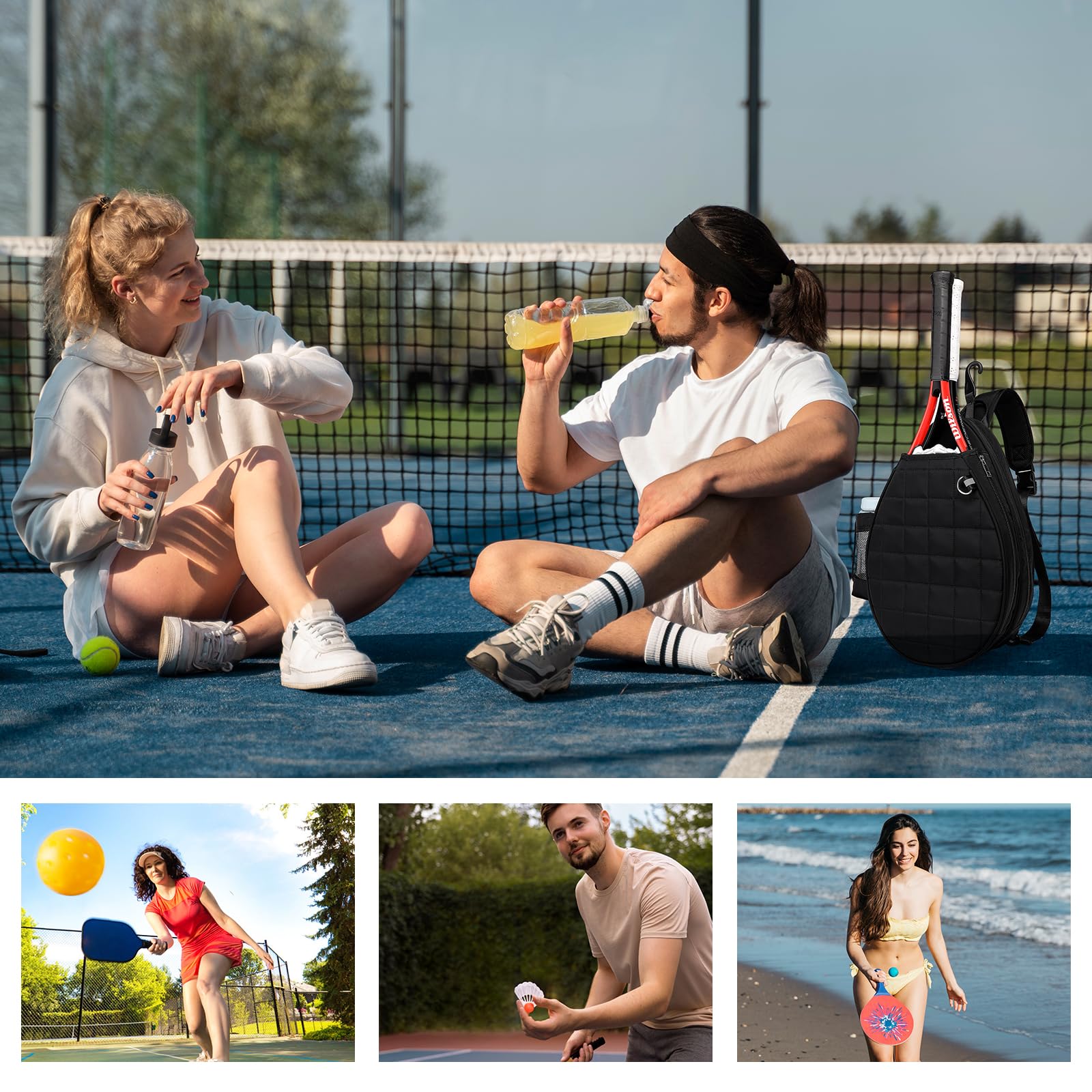 Premium Tennis Backpack for Women & Men - Holds 2 Rackets, Waterproof Pickleball Bag with Quilted Design & Safety Pocket - Ideal for Tennis, Pickleball & Gym Use